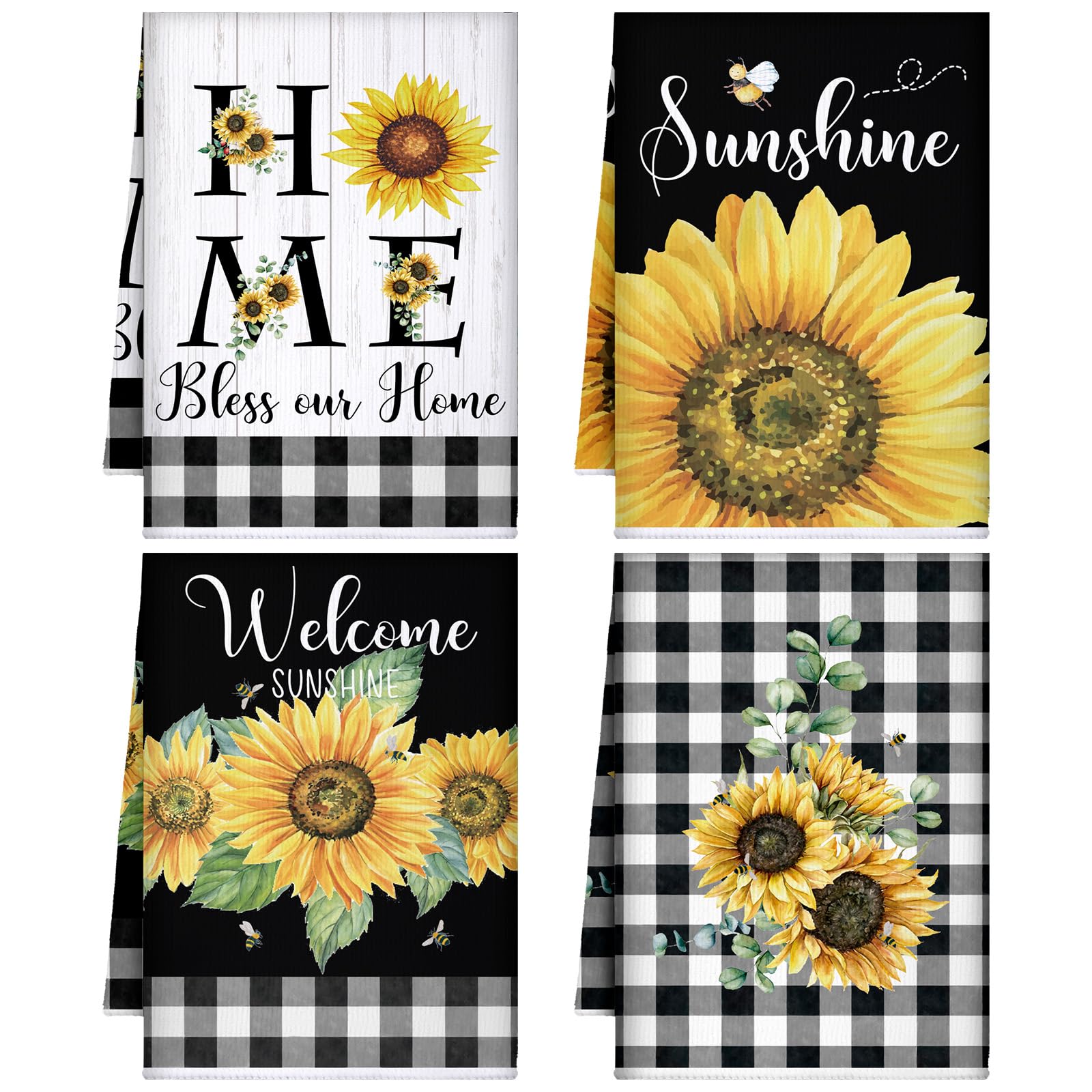 Bencailor 4 Pcs Sunflower Kitchen Towels Black and White Buffalo Plaid Flower Floral Hand Dish Towels Fast Drying Absorbent Hous
