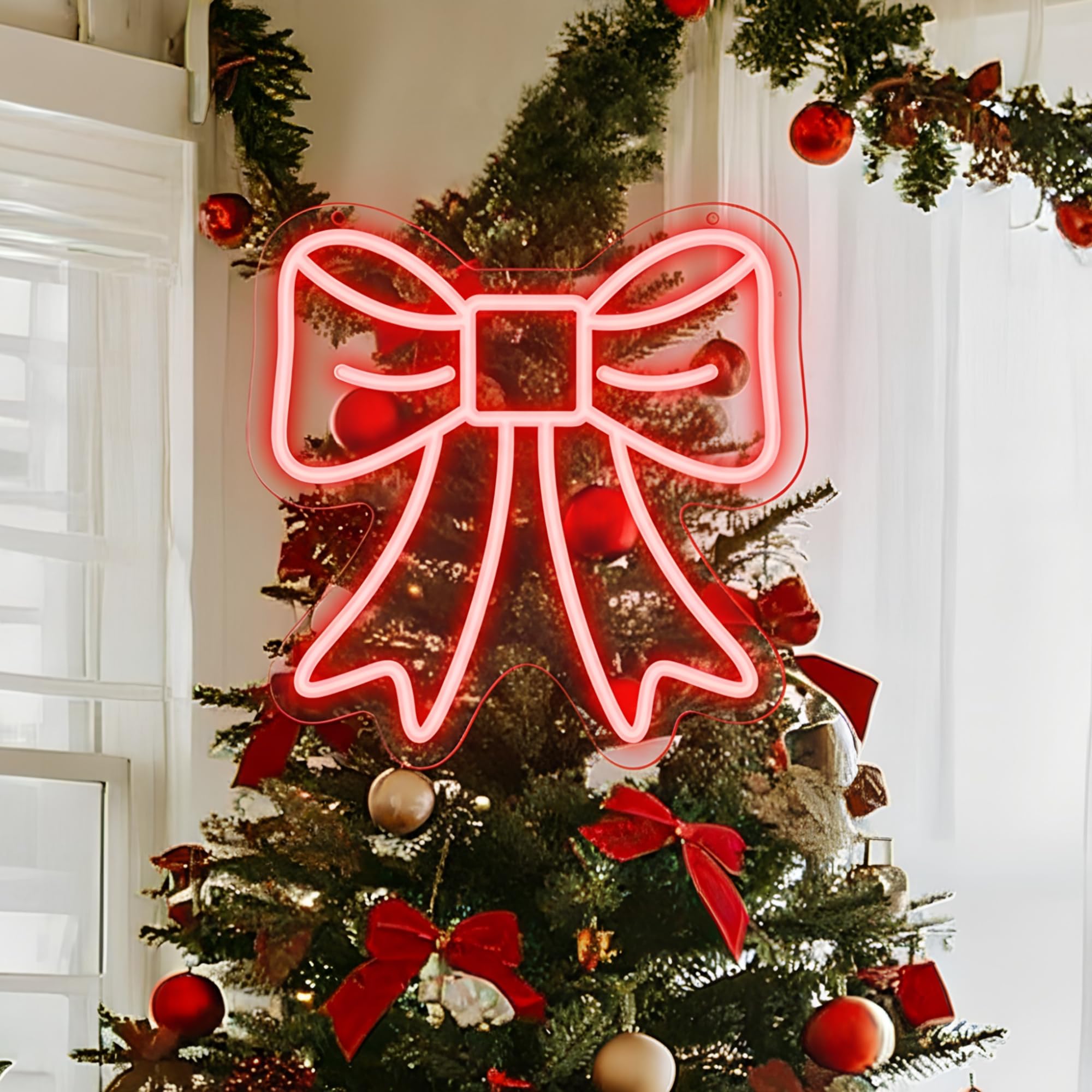 Large Christmas Red Bow Tree Topper Neon Sign 9.84 Inch Red Lighted Bow Christmas Ornament Xmas Toppers Neon Tree Wreath for Xma