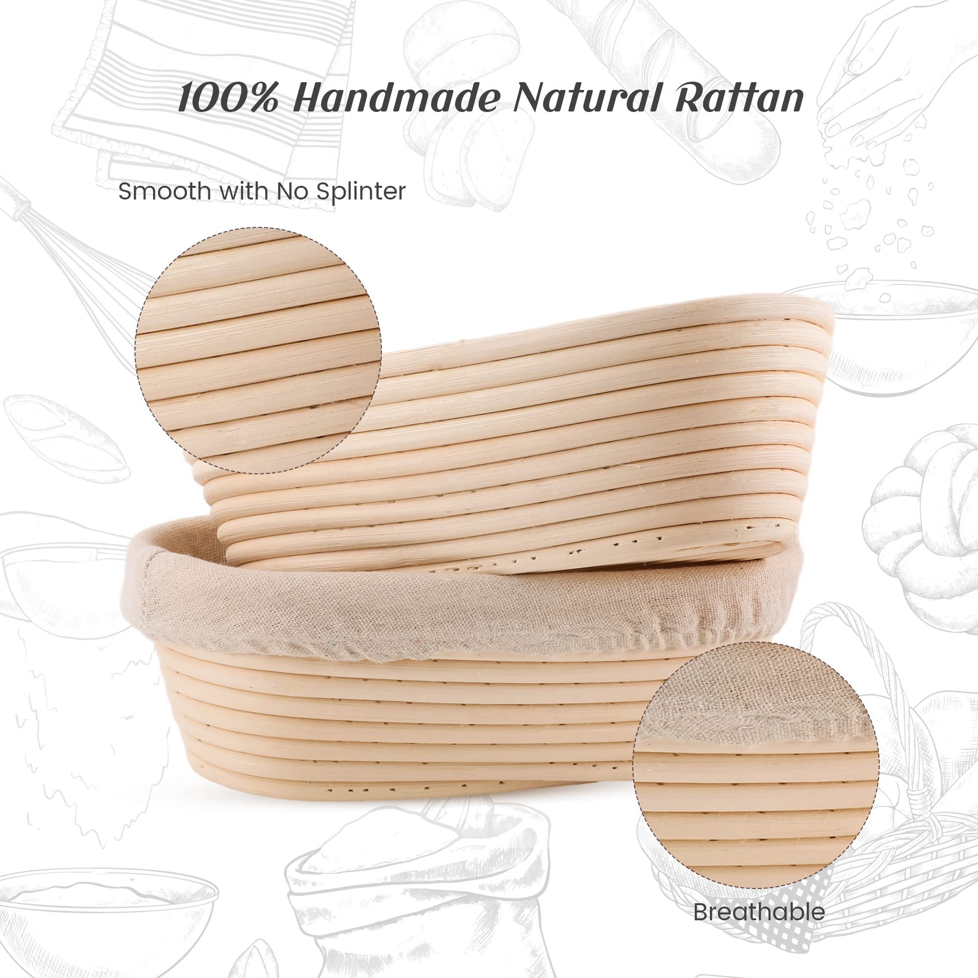 Joyyy Sourdough Bread Proofing Baskets With Liner, Dough Rising Ratten Bowl For Bread Making And Baking, Oval, 10 Inch (Set Of 2
