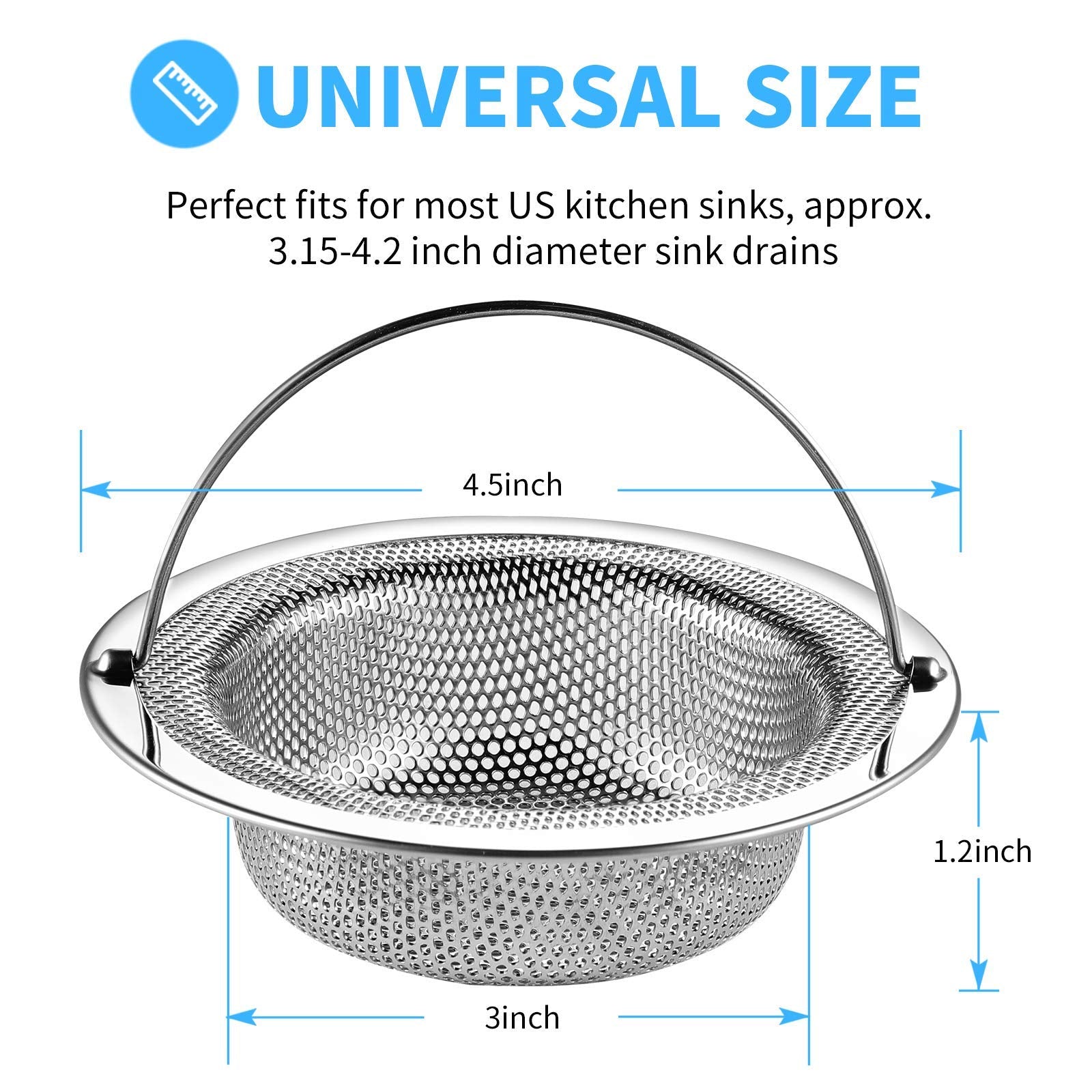 JULUJU 2 Pack Upgrade Kitchen Sink Strainer (Sink Drainer Strainer) - 304 Stainless Steel Rust Free  Fordable Handle  4.5 Inch Diameter