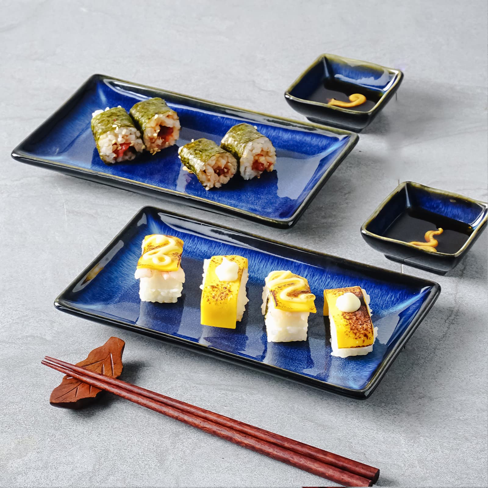 Uniidea Ceramic Sushi Serving Tray Sets 2, 6 Pieces Japanese Style Porcelain Sushi Plate Set With Soy Sauce Dishes, Bamboo Chops