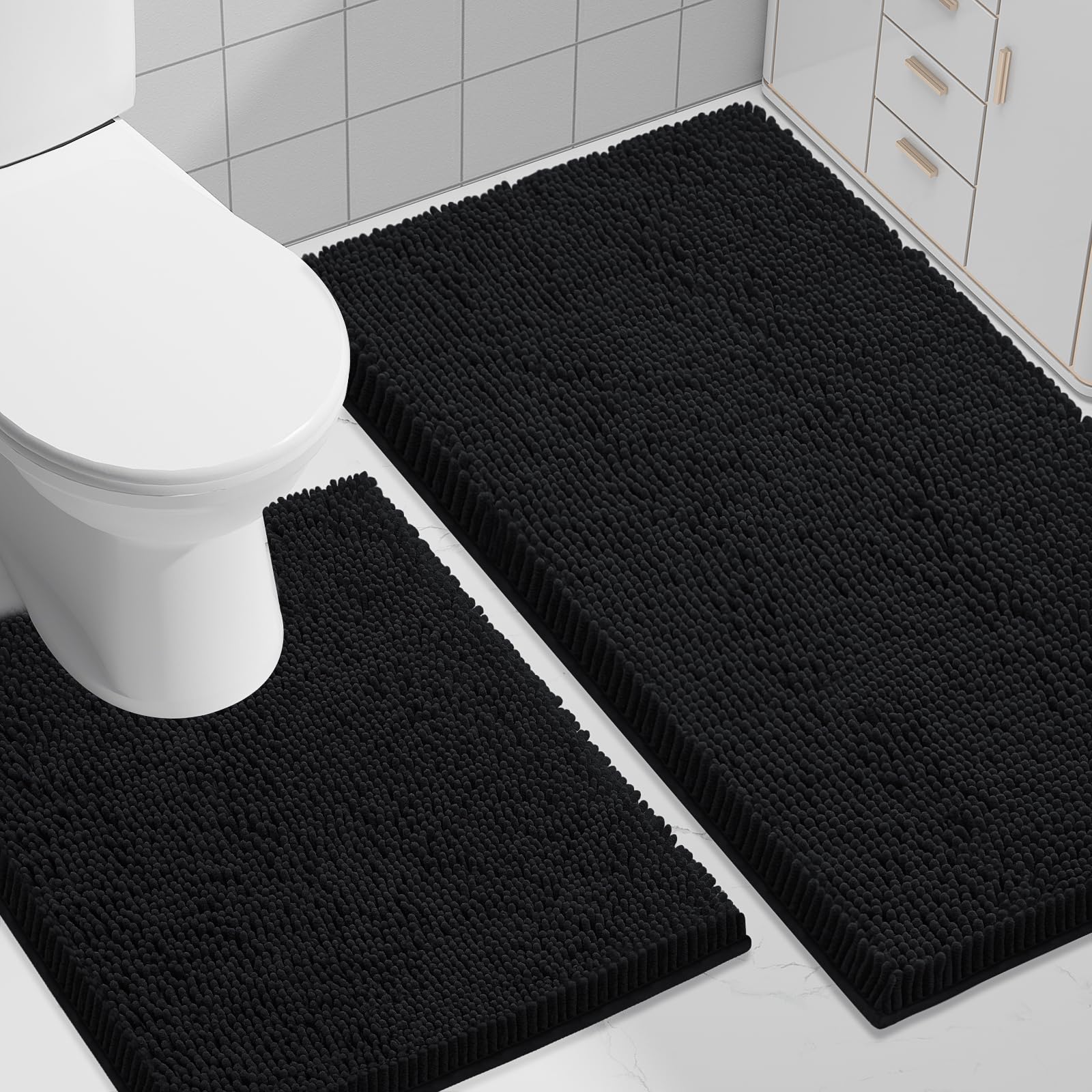 Smiry Bathroom Rugs Set 2 Piece, Soft Absorbent Chenille Bath Mat And U-Shaped Toilet Rug Set, Non Slip Shaggy Bath Carpet For T