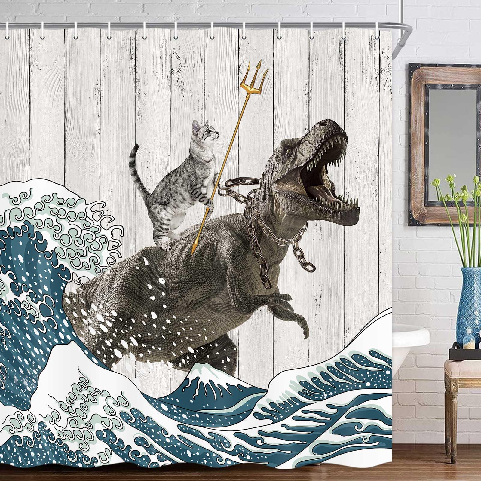 Boziqr Funny Cat Shower Curtain  Cool Cat Dinosaur Japanese Ocean Wave Decor Fabric Bathroom Curtains  Kids Children Rustic Wooden Farmhouse Shower Curtain  70X70 Inches