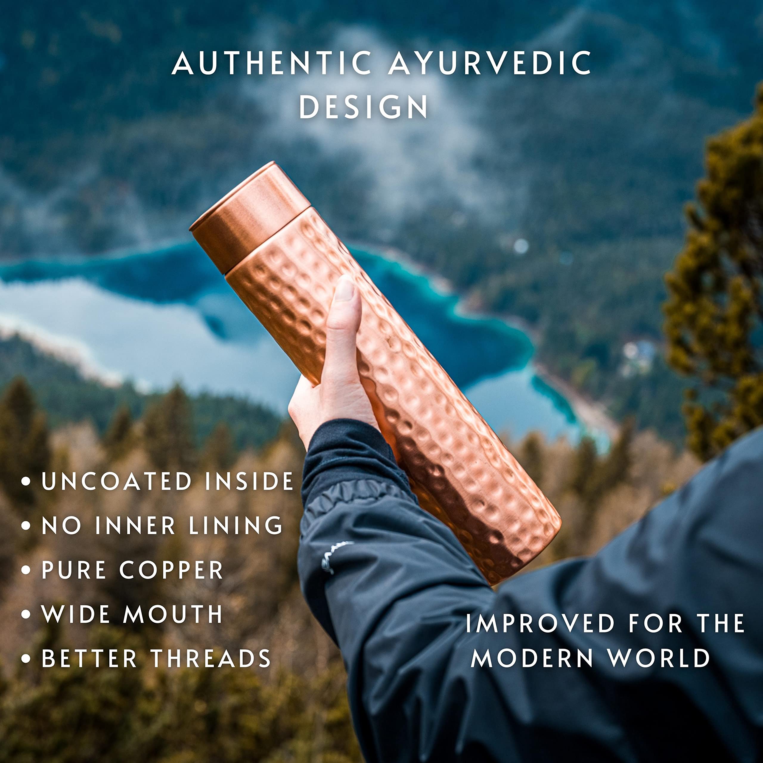 Kosdeg Copper Water Bottle - Handcrafted 34oz Ayurvedic Pure Copper - Vintage Modern Design - Drink More Water, Enjoy Health Benefits