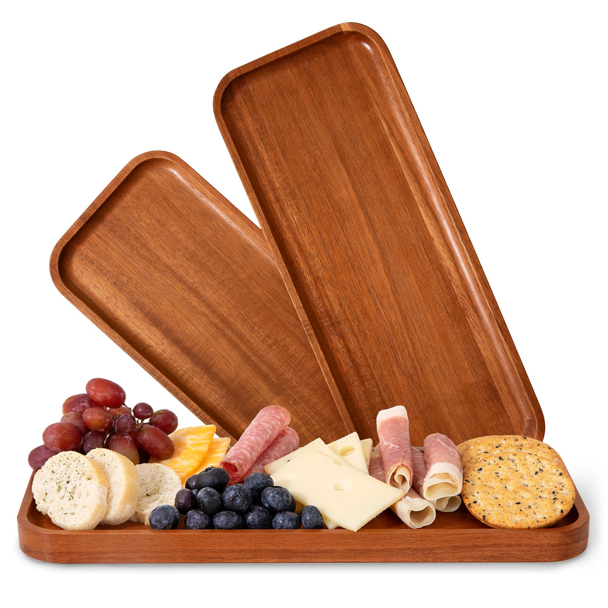 Solid Acacia Wood Serving Trays (14 X 5.5 Inches) Rectangular Wooden Large Serving Platters For Food, Wooden Tray For Charcuteri