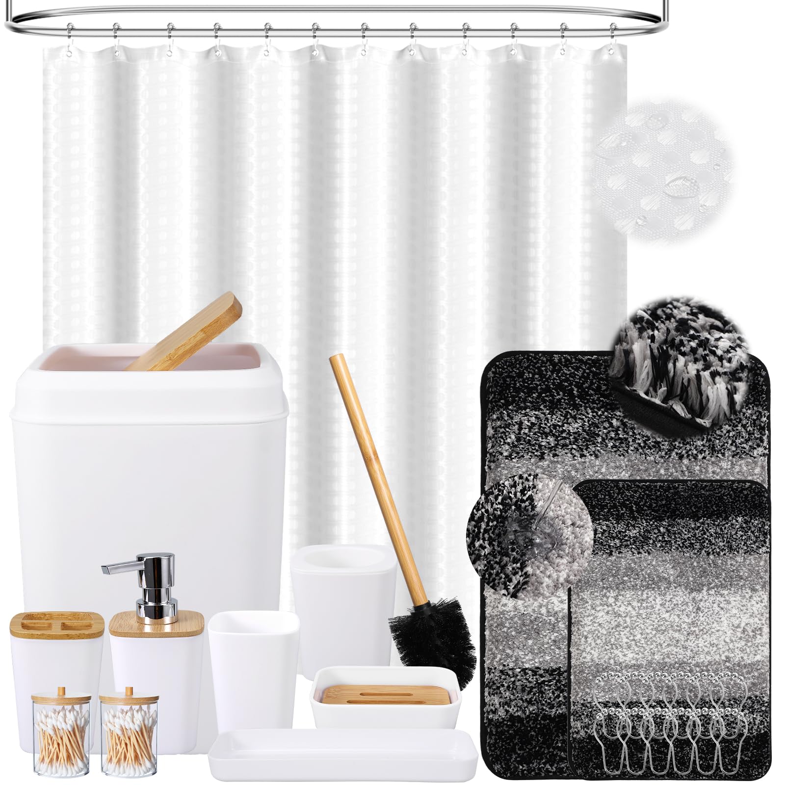 White Bathroom Sets Accessories With Waffle Shower Curtain And Bath Mats,Bathroom Sets With Trash Can,Toothbrush Holder,Toothbru