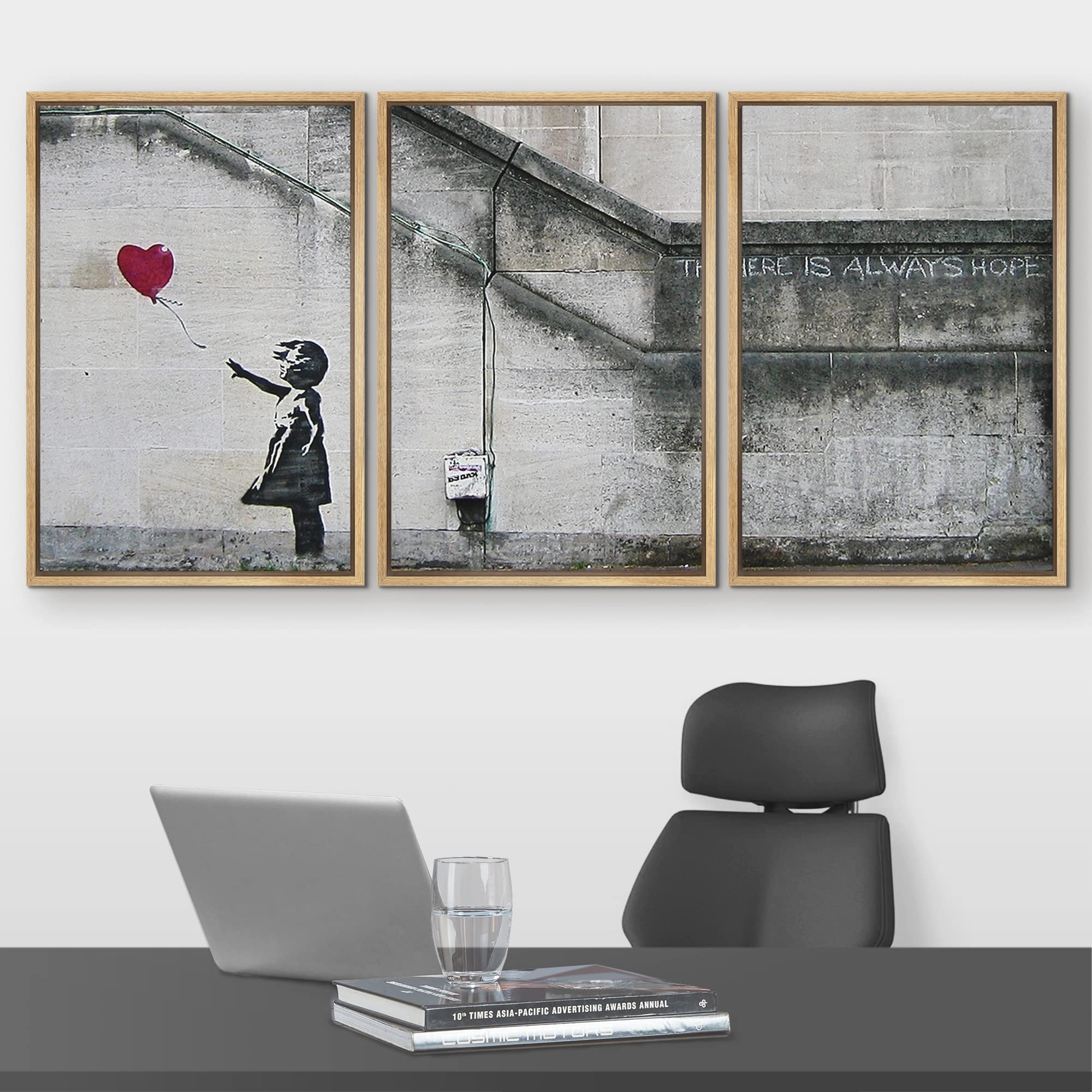 Wall26 - 3 Piece Framed Canvas Wall Art - There Is Always Hope - Girl And Red Heart Balloon - Street Art - Guerilla - Modern Hom