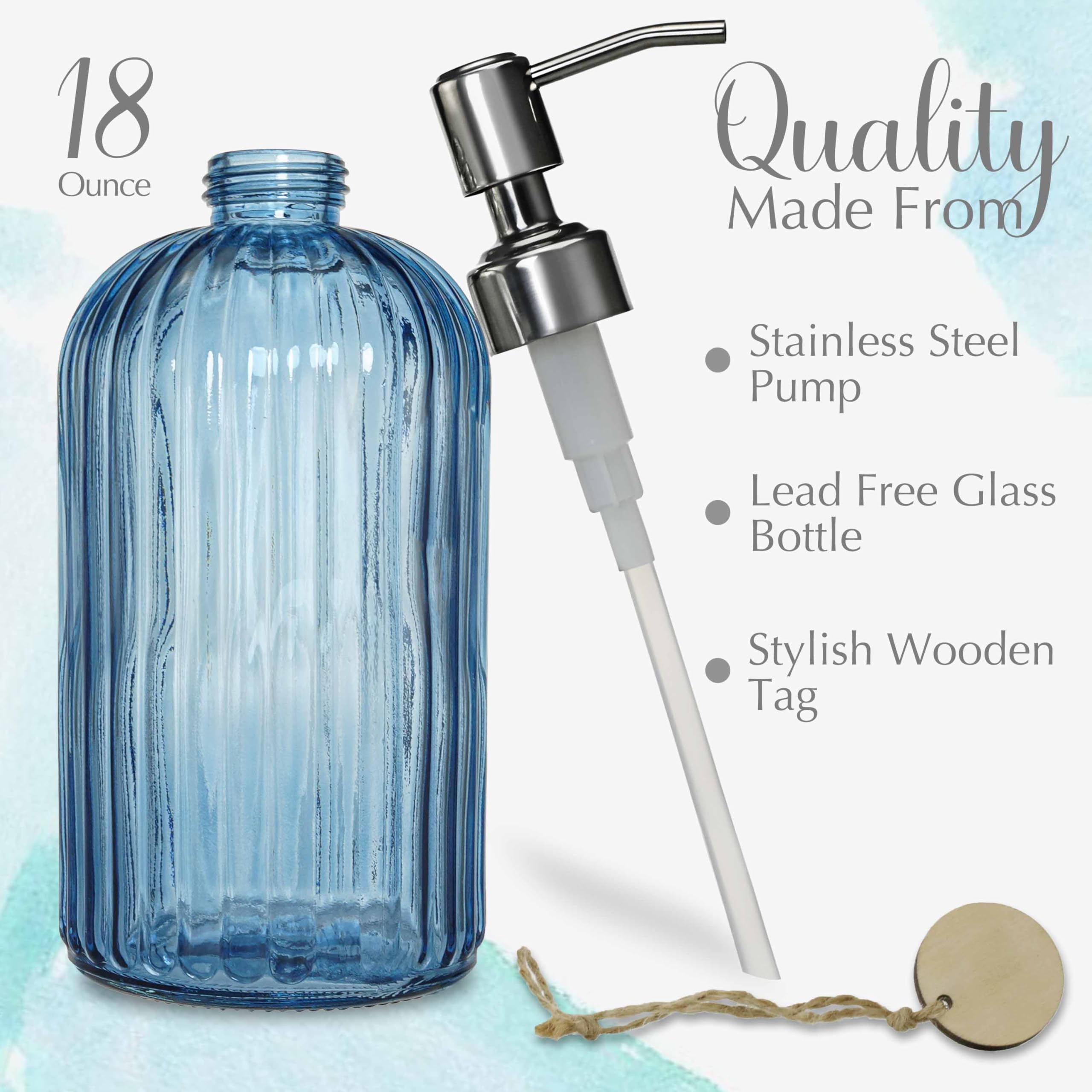 JASAI 18Oz Glass Soap Dispenser - Navy Blue, Refillable, Vertical Stripe for Kitchen & Bathroom, Model GB-VT-Blue