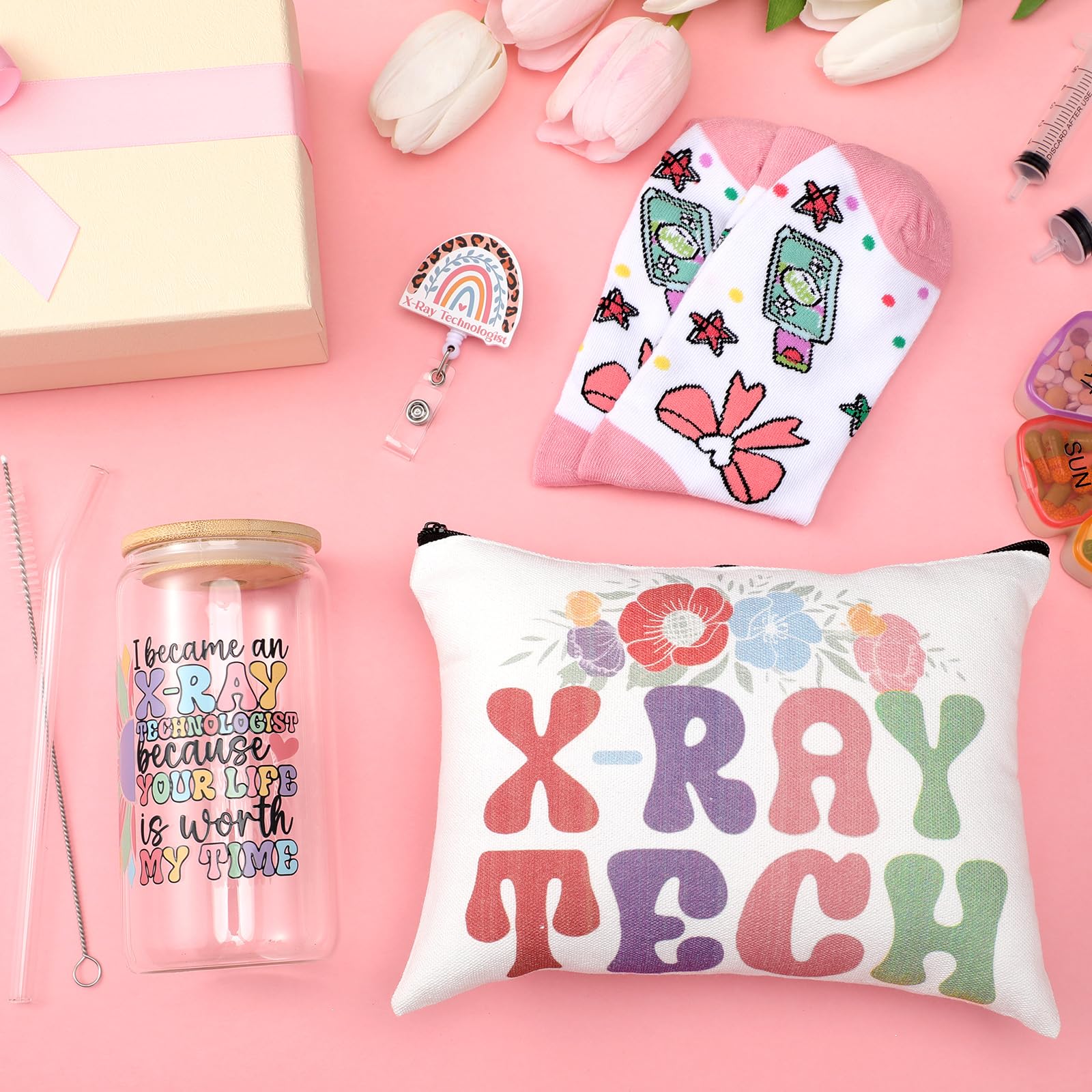 Skylety 5 Pcs Christmas X-Ray Technologist Gift 16oz Glass Cup Sock Cosmetic Bag Badge Reel X-Ray Technologist Appreciation Gift