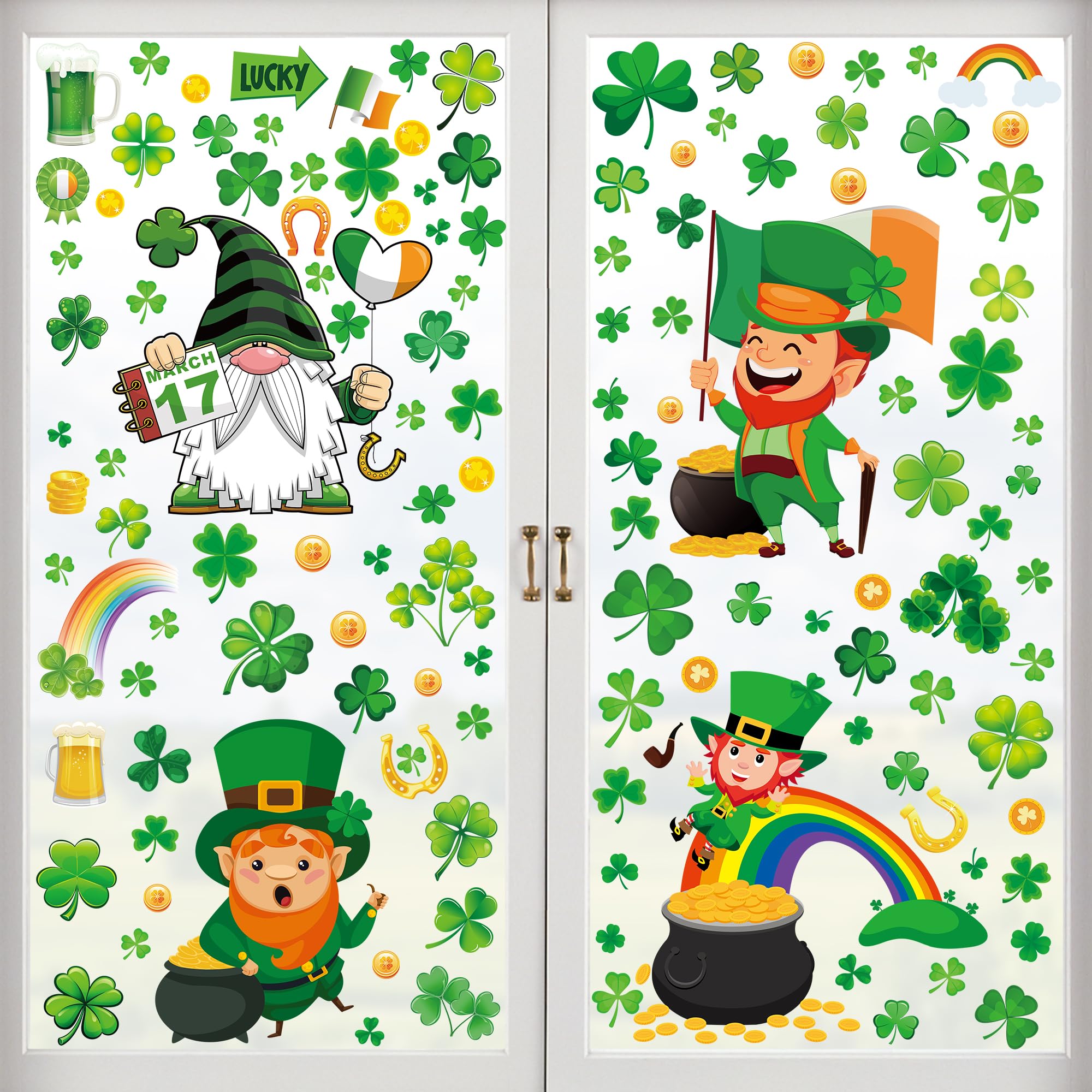 305 PCS St Patricks Day Window Clings, 9 Sheets St Patricks Day Window Stickers with Leprechaun Coins, Double Sided Irish Decal