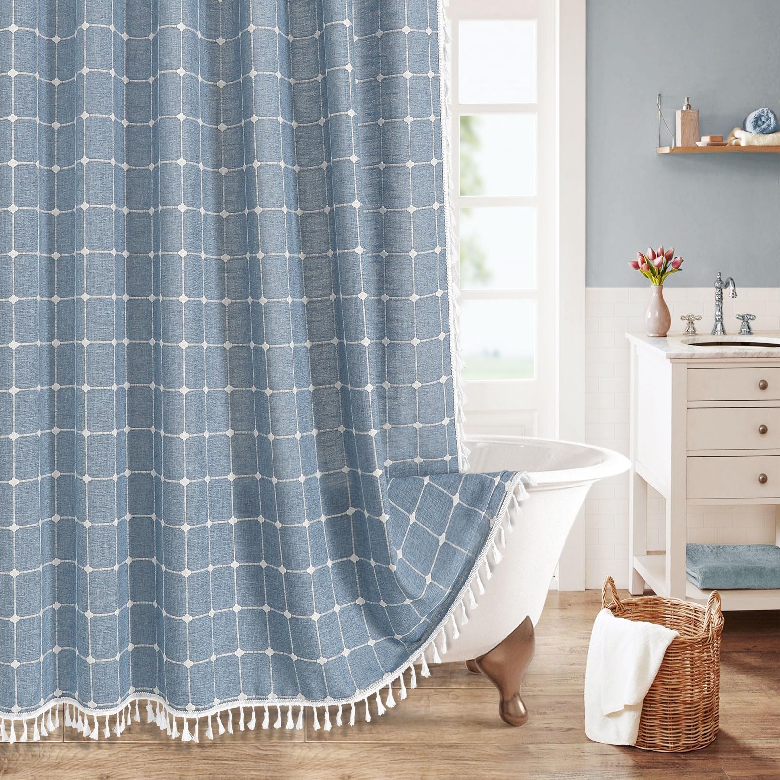 Mitovilla Blue Boho Extra Long Shower Curtain 72 X 84, Modern Farmhouse 84 Inch Xl Cotton Linen Texture Tassel Fabric Shower Cur