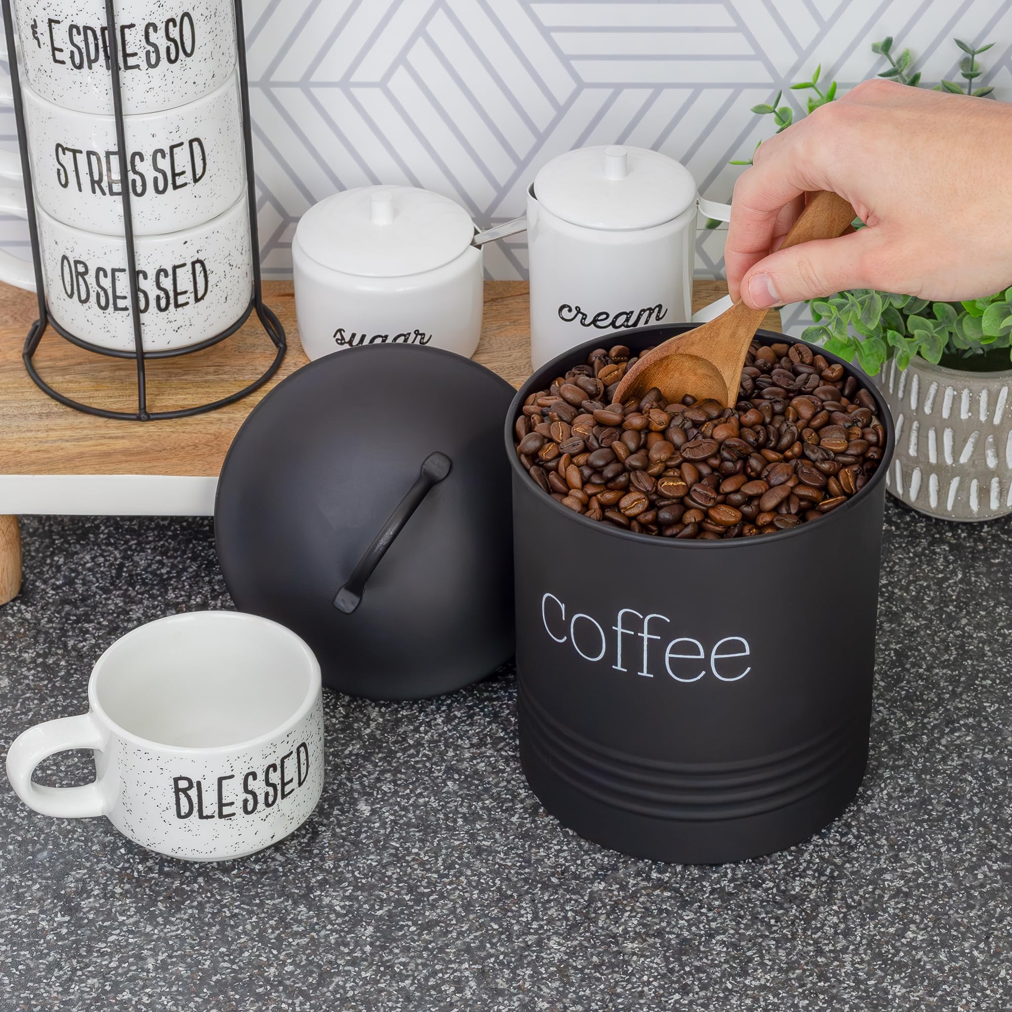 AuldHome Enamelware Black Coffee Canister; Modern Farmhouse Style Coffee Storage for Kitchen