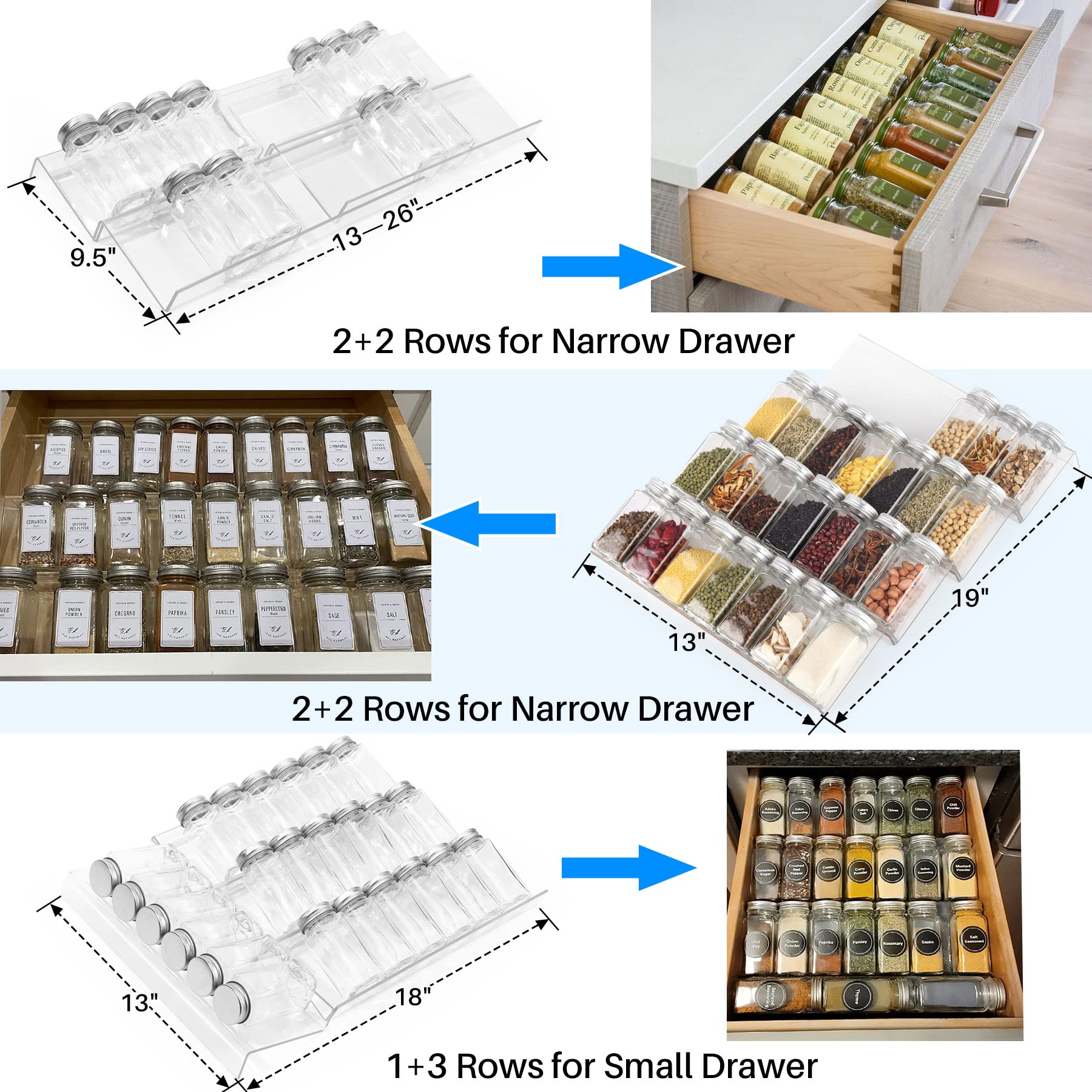 Antimbee Spice Drawer Organizer, 4 Tier- 8 Pack Kitchen Spice Rack Tray for Drawer, Acrylic Seasoning Organizer Rack Expandable