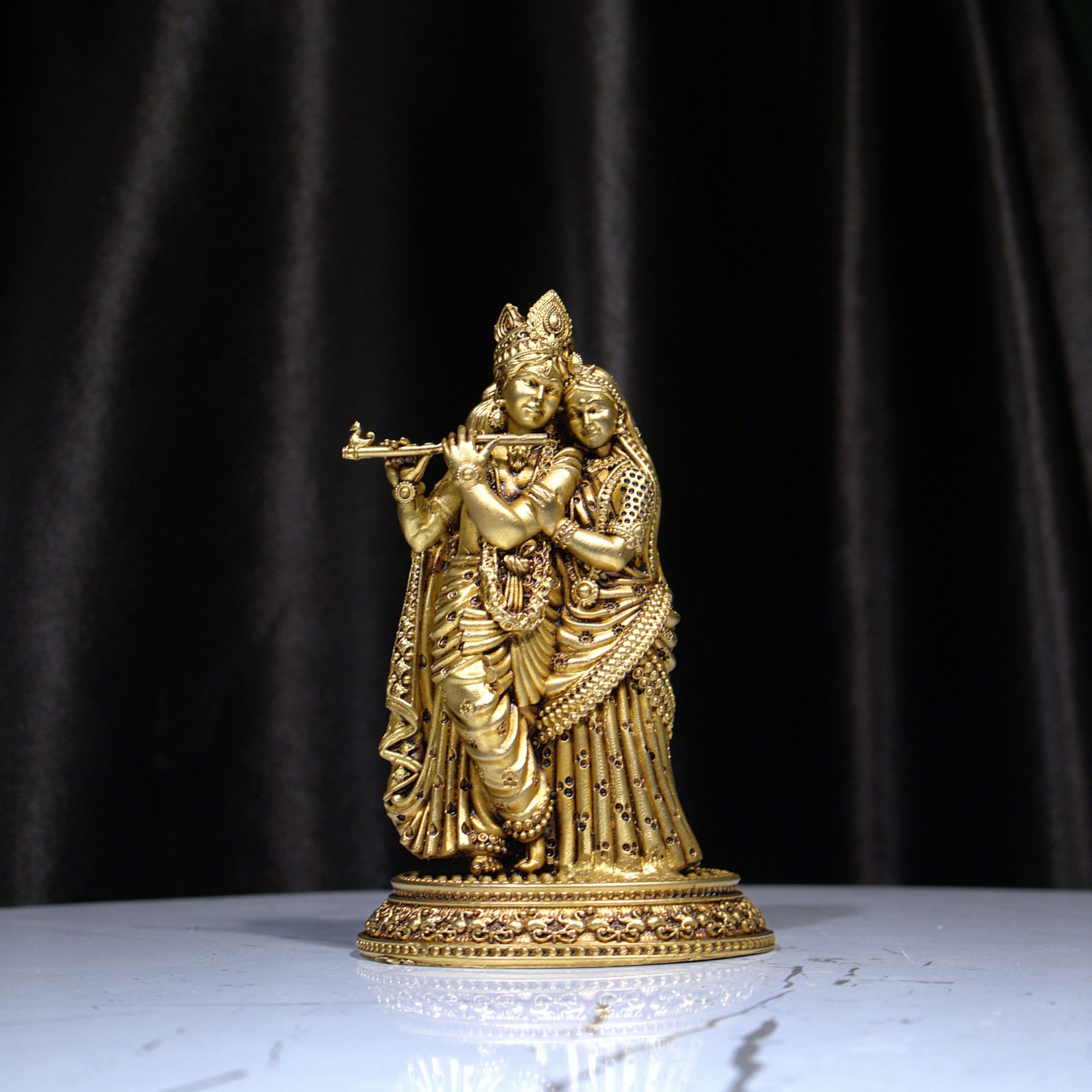 Brass Radhakrishna Idol 9.5Cm | Antique Golden Finish Designer Radha Krishna Statue | Handcrafted Brass Murti For Pooja Temple H