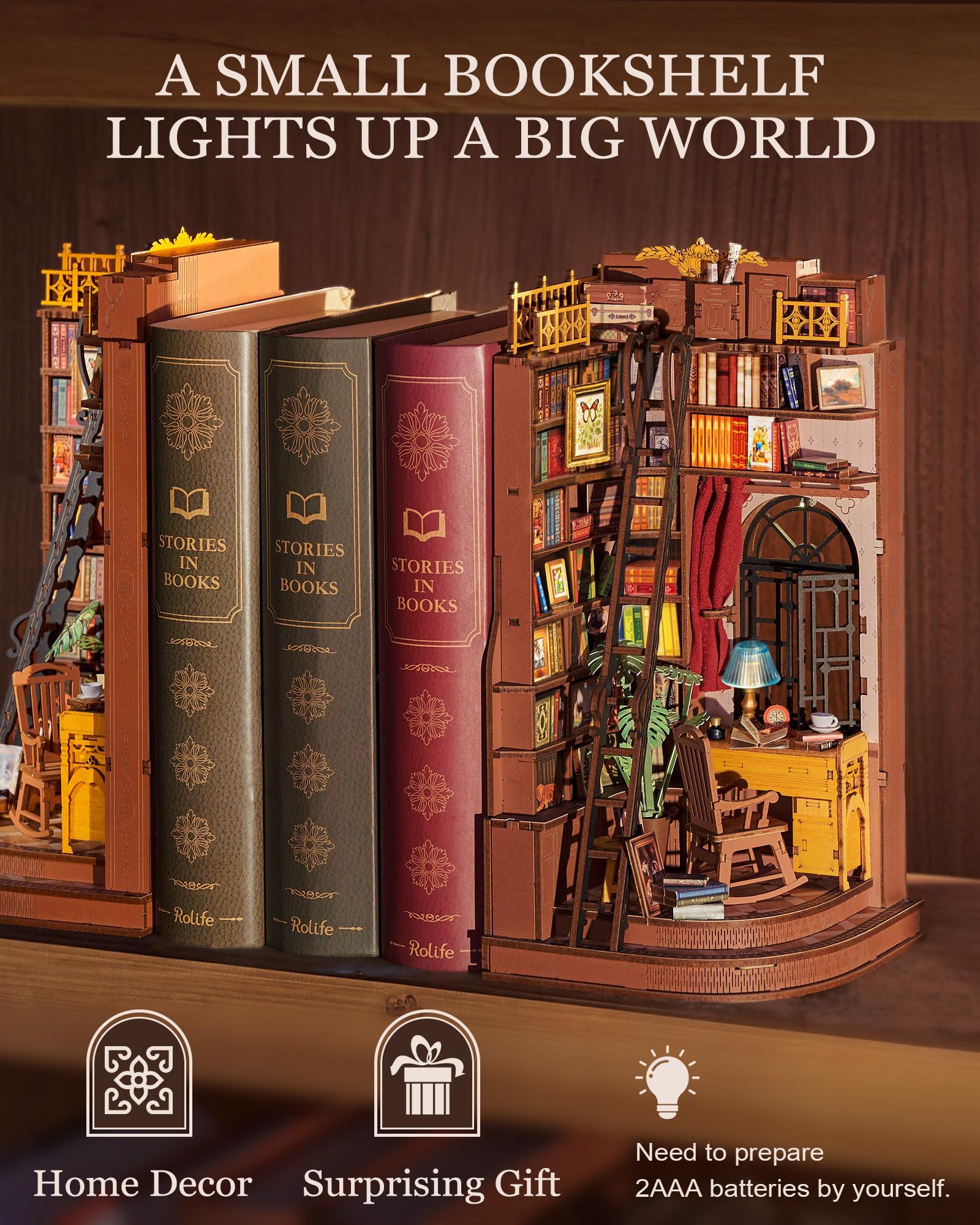 Rolife DIY Book Nook Kit Silent Corner Study, 3D Puzzles Creative British Bookend Bookshelf Decor for Adults, Tiny House Miniatu