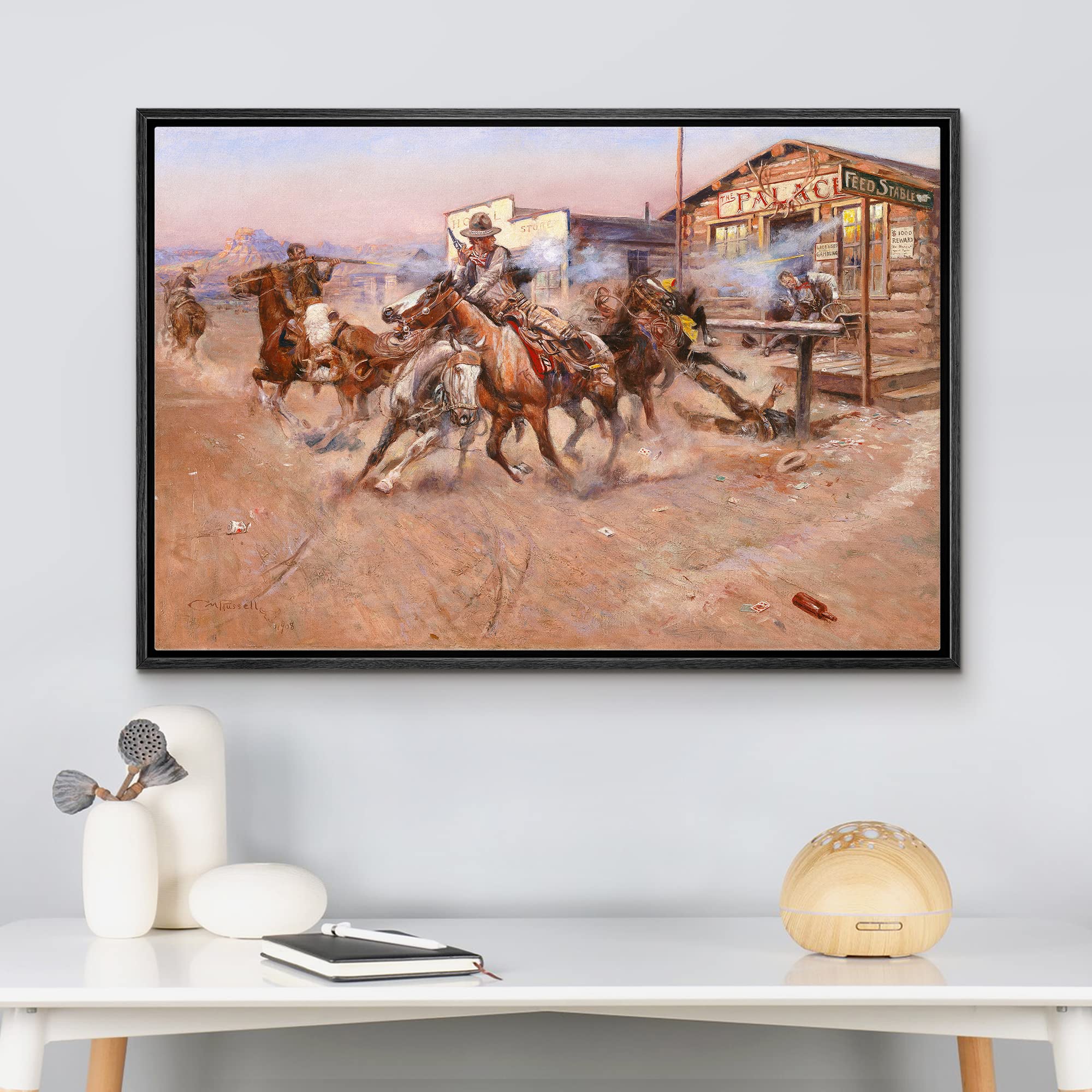 Wall26 - Smoke By Charles Marion Russell - Framed Canvas Print Wall Art Famous Painting Reproduction - 24''X36'' Black