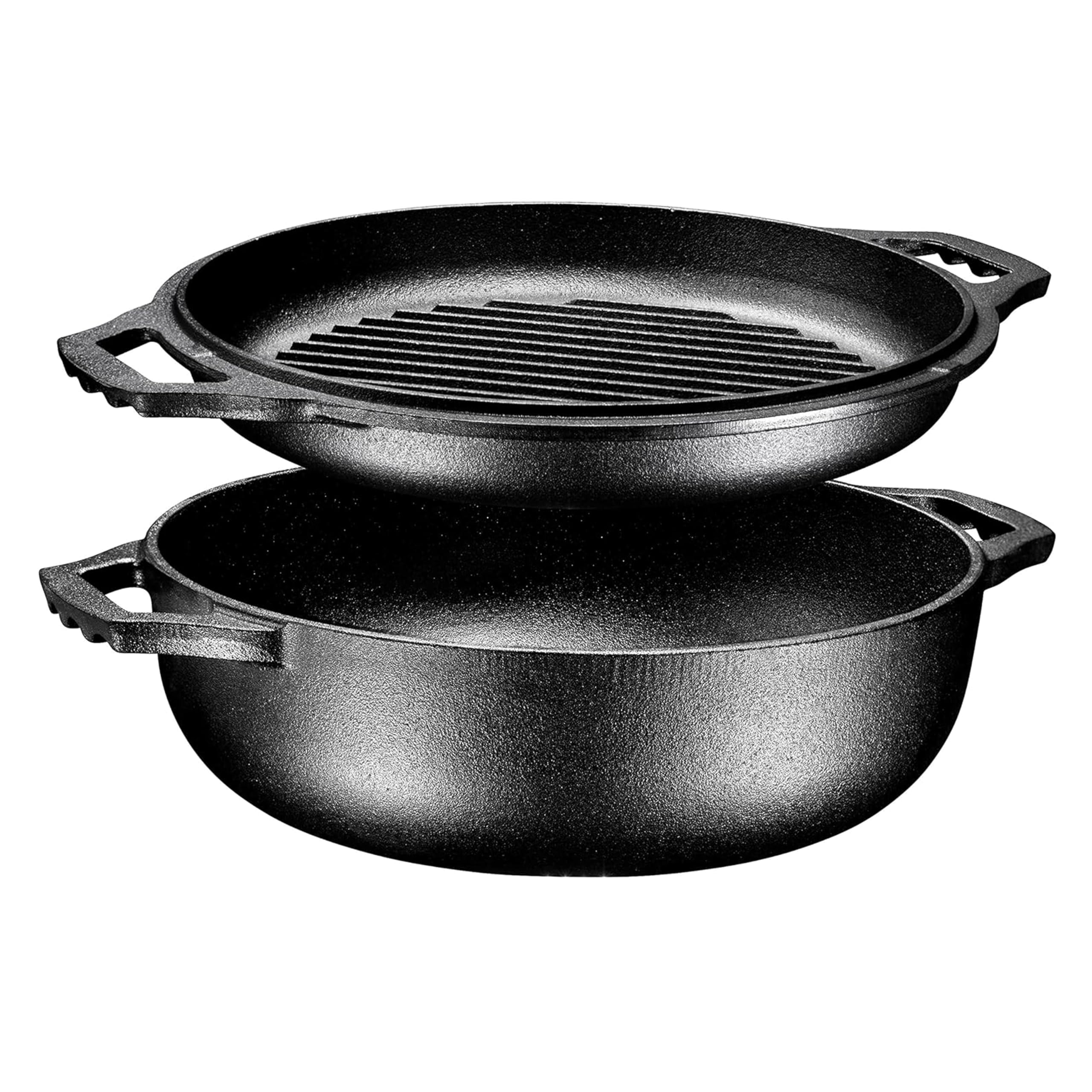2-in-1 Enameled Cast Iron Cocotte Double Braiser Pan with Grill Lid 3.3 Quarts - Barbecue Grill Non Stick Frying Pan - Casserole