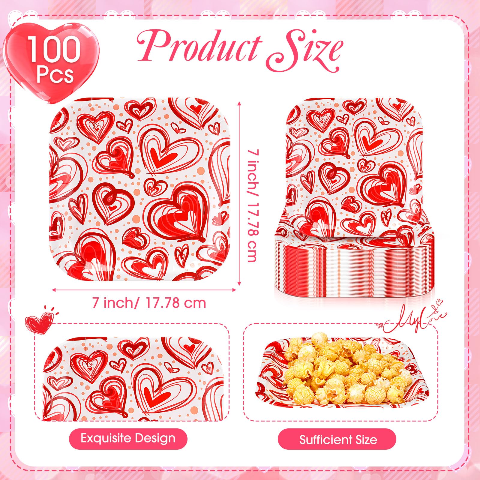 Ziliny 100 Pcs 7 Inch Valentine'S Day Dessert Plates Square Red Disposable Plates Heart Paper Plates Valentines Party Plates Dec