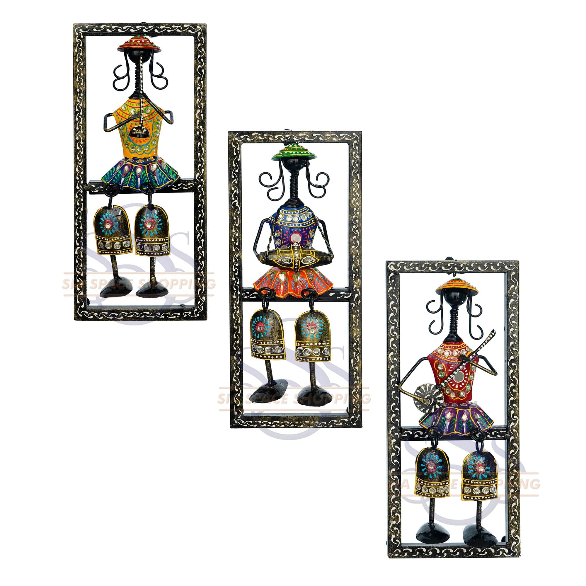 Sia Space Shopping Meatal Antique Finish With Kundan Work Decor Wall Hanging/ Mounted Framed Set Of 3 Rajasthani Musician With D