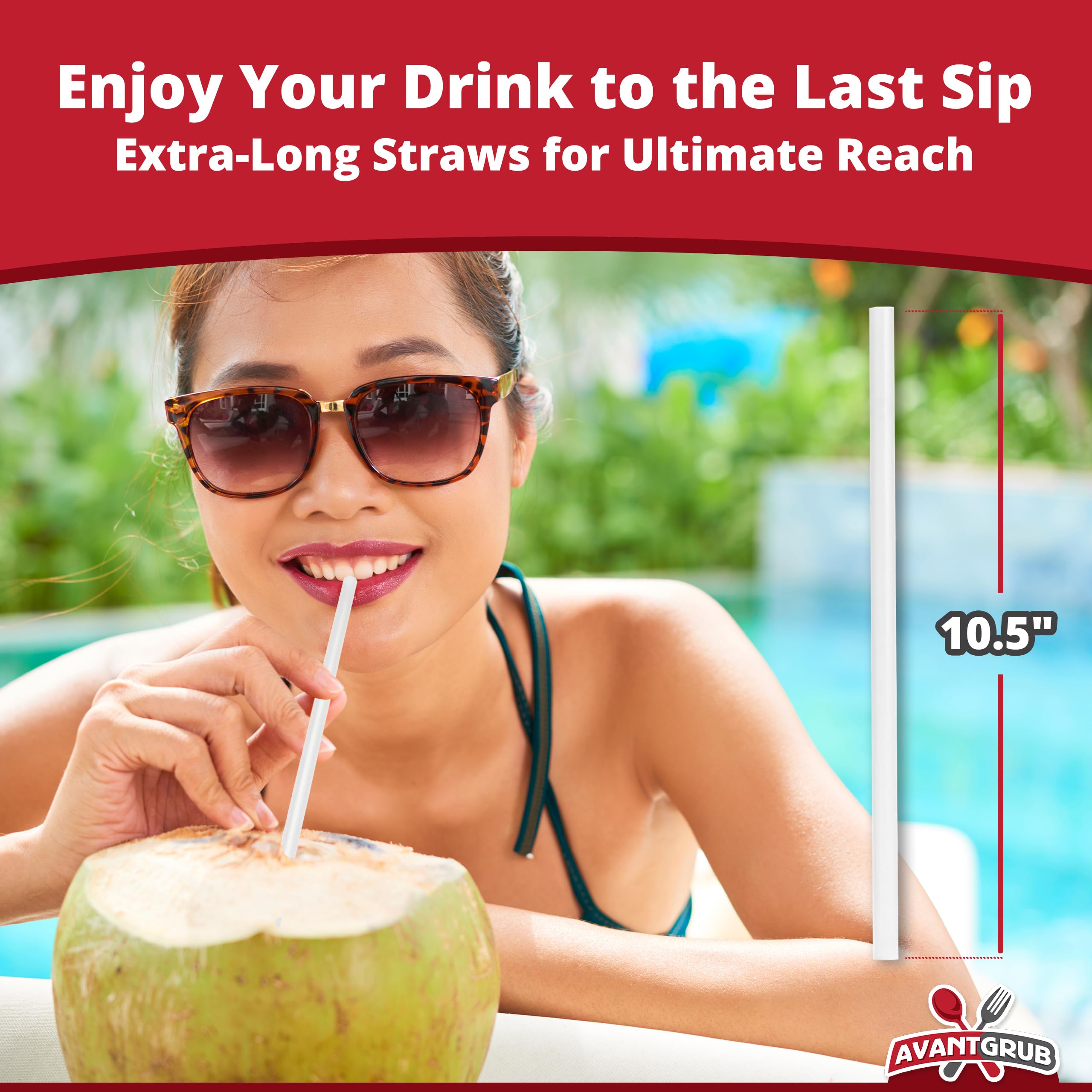 Avant Grubs BPA-Free Big  Premium Straws 300 Pack. Paper-Wrapped  Clear  Thick  & Jumbo Sized (Big at 10.25 in Tall  3 in Wide). Restaurant-Grade & USA-Made.