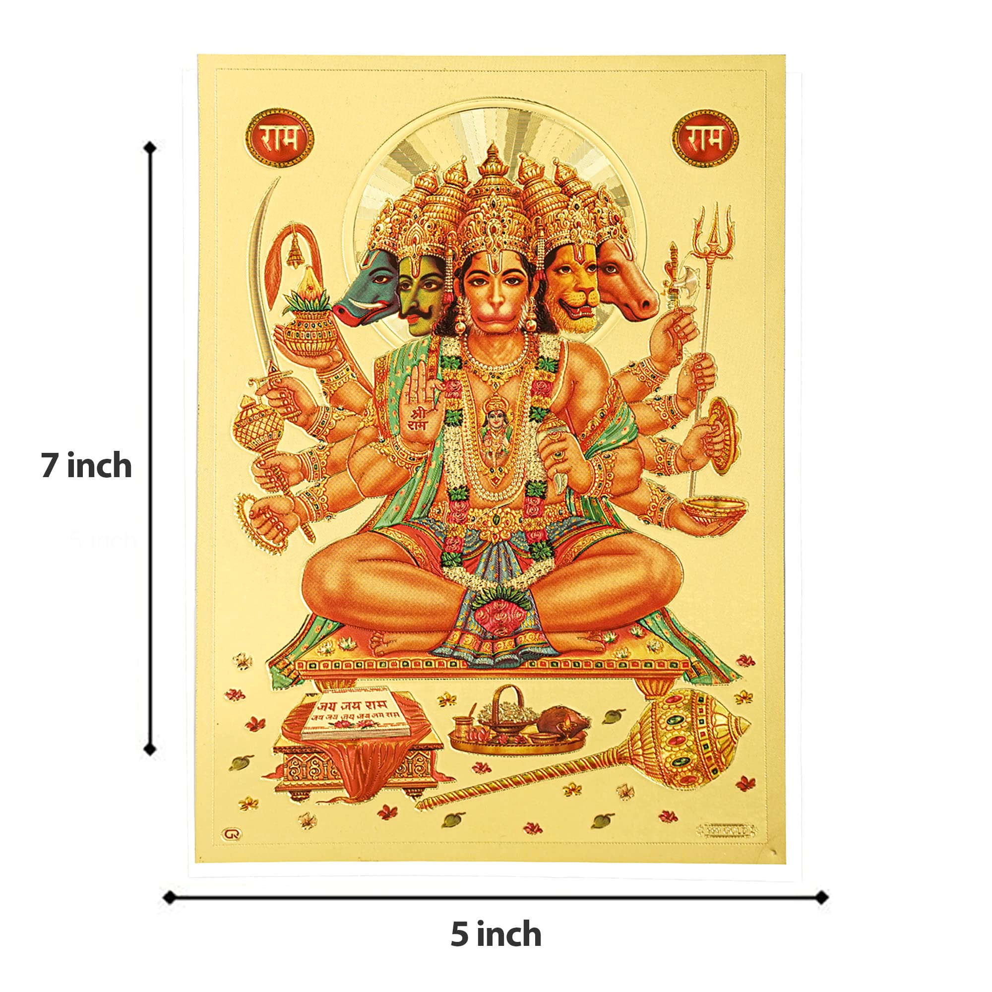 Hawai Panchmukhi Hanuman Bajrang Bali Gold Plated Religious Poster Photo For Home Office Business Place Puja Ghar Worship Use 5X