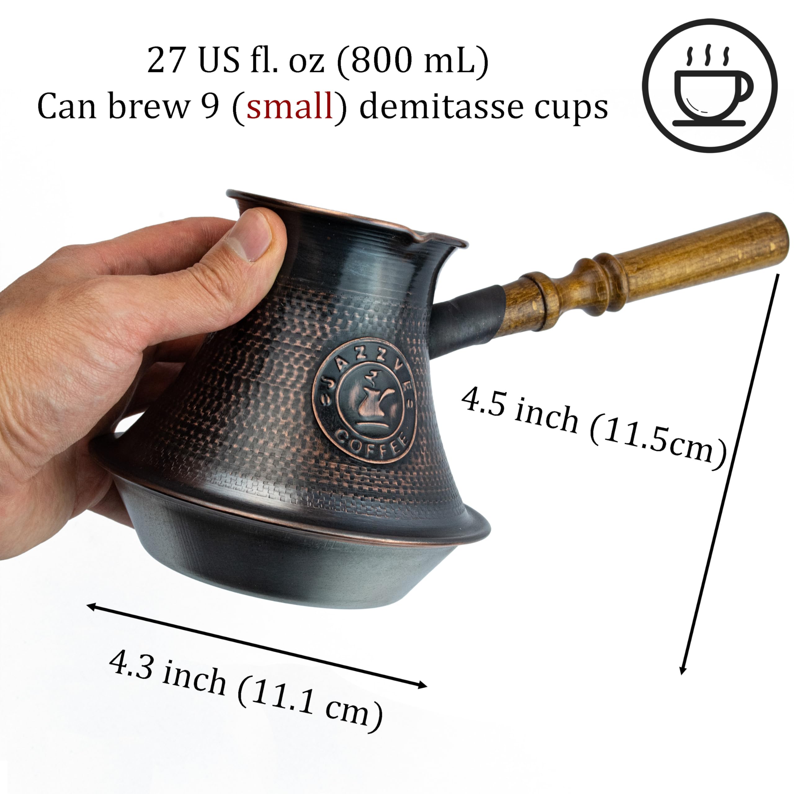 Handmade Armenian Coffee Pot 27 Fl Oz (800Ml) - Copper Jazva - Turkish Arabic Greek Cezve Jezve Ibrik Turka Jazve Maker - Wooden