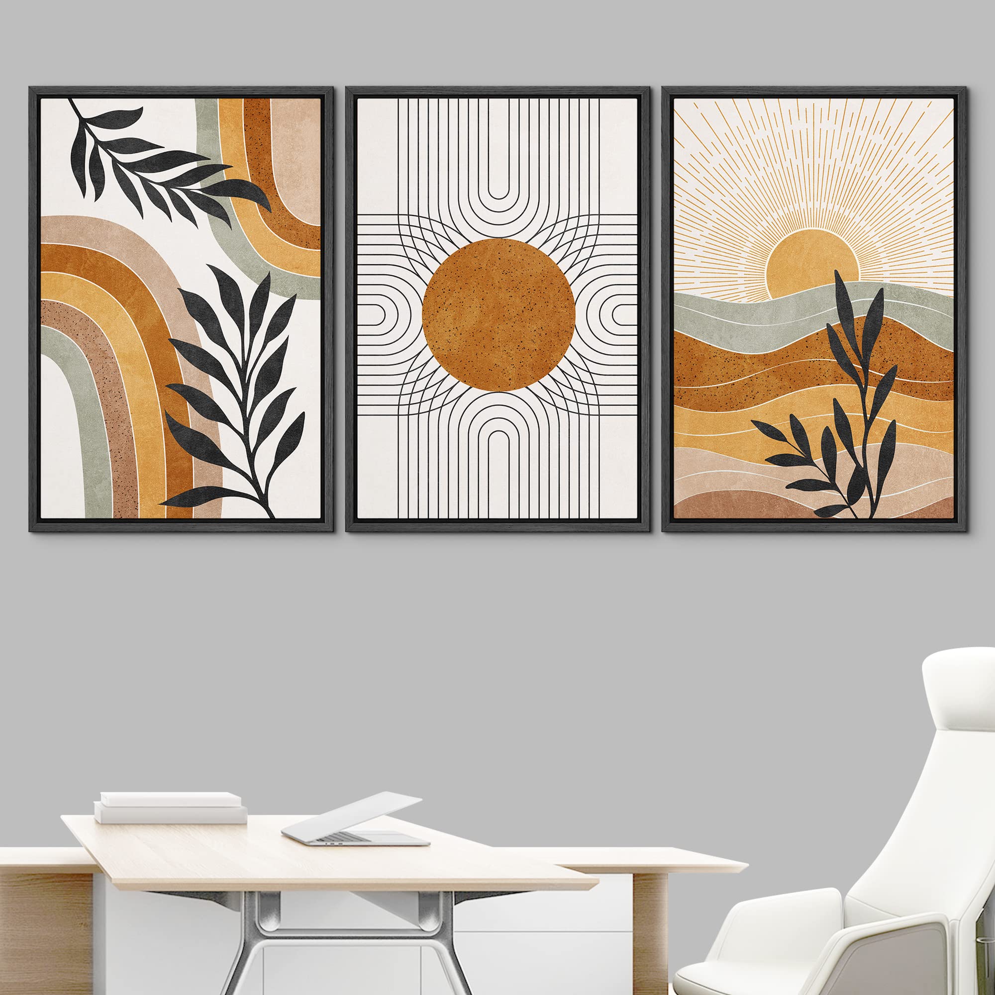 Idea4Wall Framed Canvas Print Wall Art Set Mid-Century Geometric Sun Desert Plants Abstract Nature Illustrations Modern Art Nord