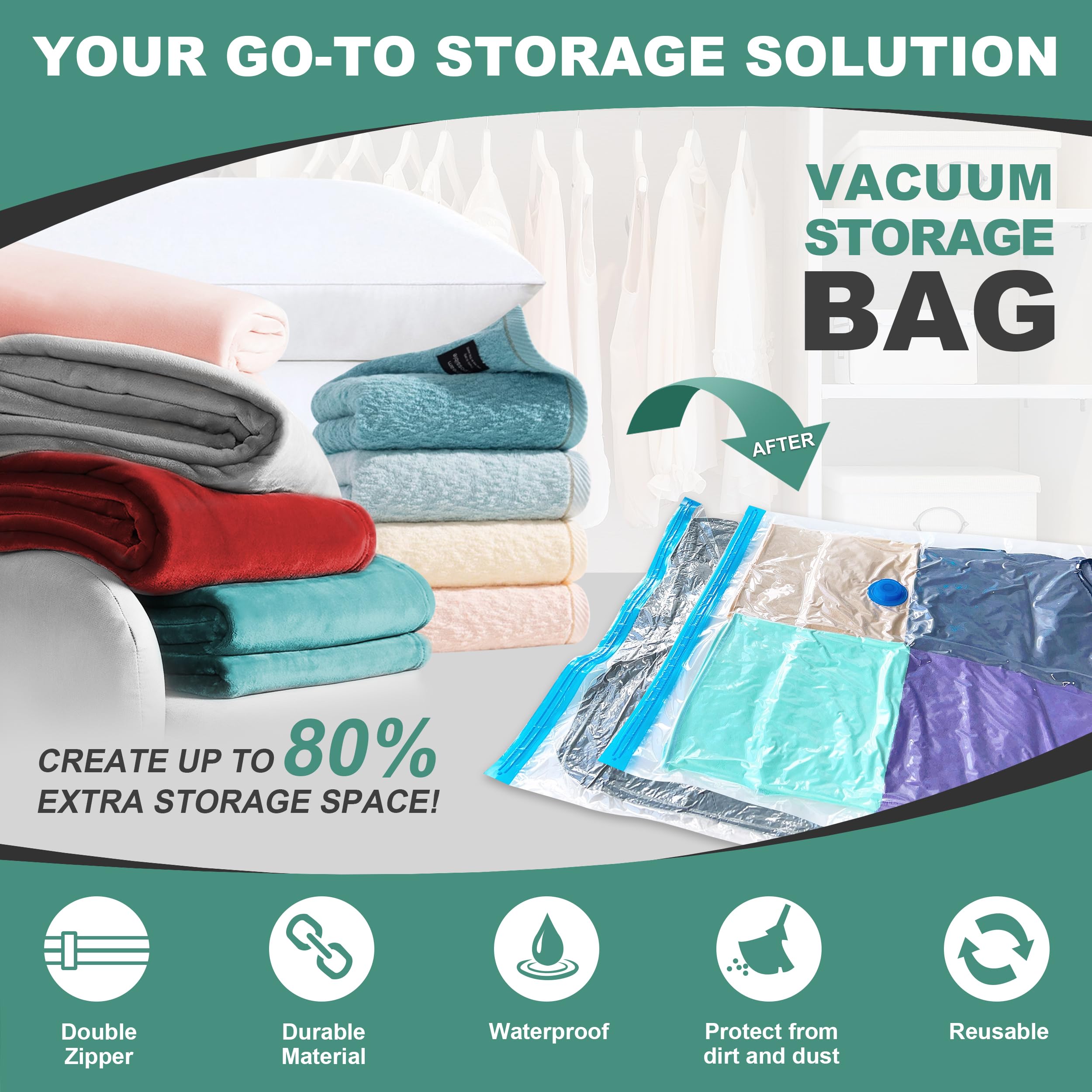Wtree 20 Pack Vacuum Storage Bags, Space Saver Bags, Vacuum Sealed Bags For Comforters, Blankets, Clothes Storage, Hand Pump Inc