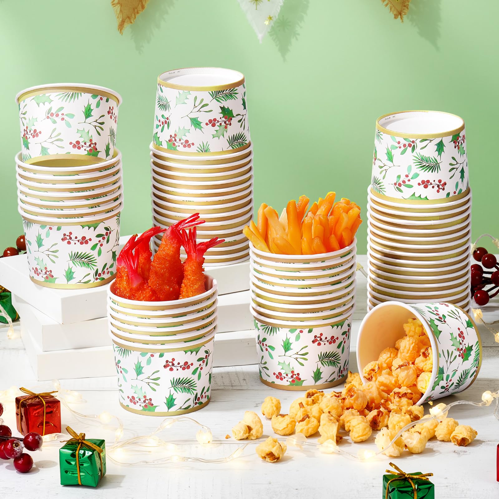 Sabary 60 Pcs 9 oz Christmas Paper Bowls Disposable Thanksgiving Snack Dessert Paper Cup Green Holly Leaf Cups Christmas Holiday