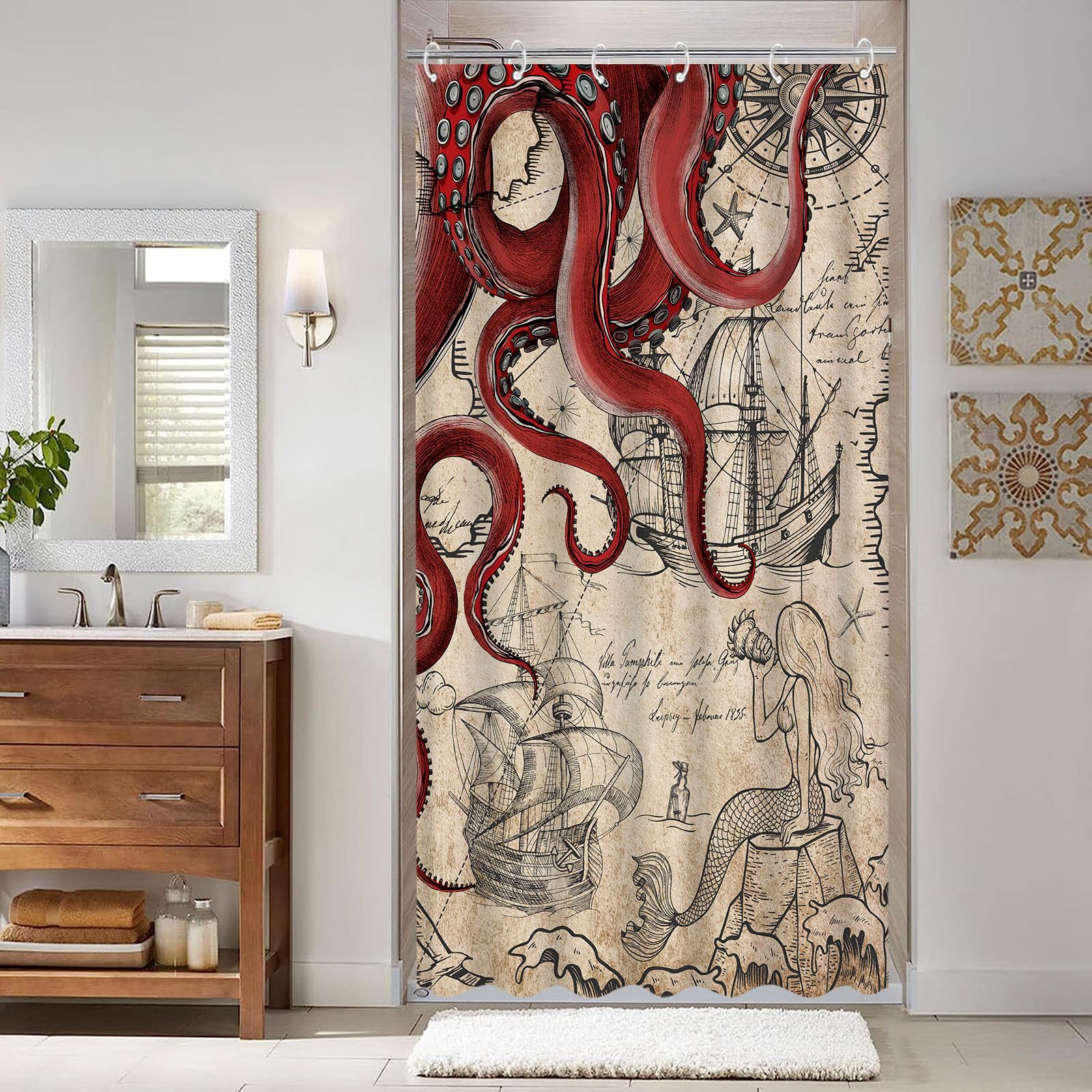 Fungarth Stall Vintage Red Nautical Octopus Shower Curtain Mermaid Funny Ocean Kraken Shower Curtains For Bathroom Cool Anchor C