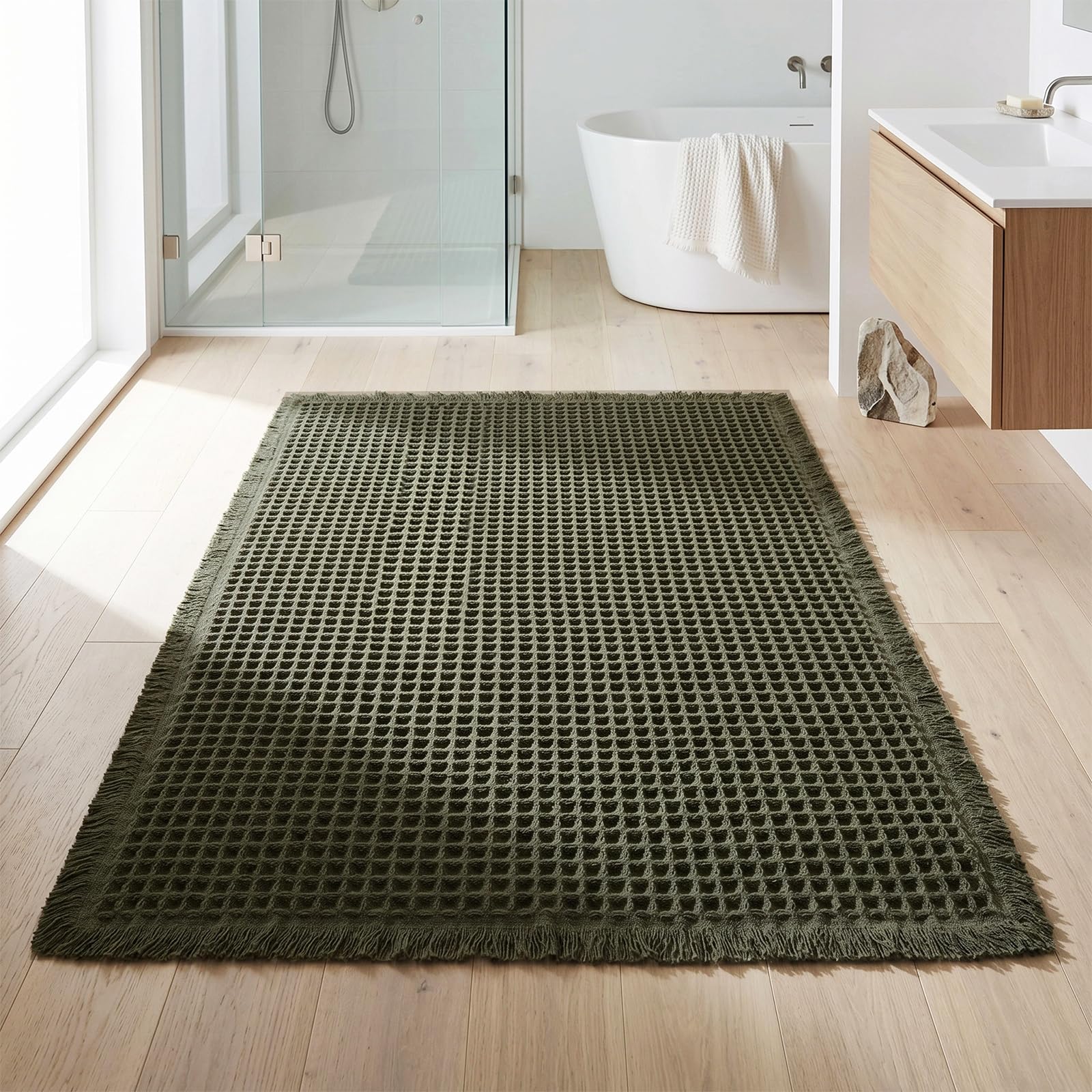 ZVFFDG Waffle Bathroom Rugs, Non Slip Absorbent Waffle Knit Bath Mat for Shower Floor, Tub and Bathroom Door, Ultra Soft Quick D