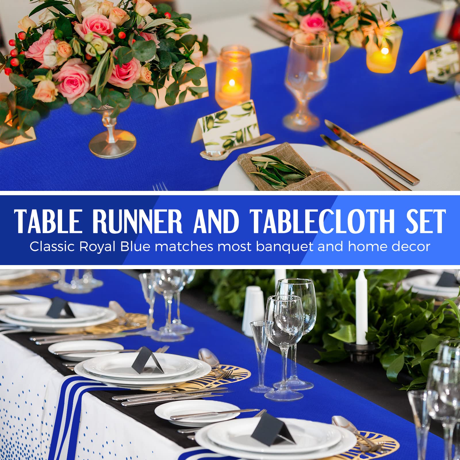 Breling 24 Pack Royal Blue Disposable Plastic Tablecloths And Satin Table Runner Set, 54 X 108 Inch Tablecloth, 12 X 108 Inch Ta