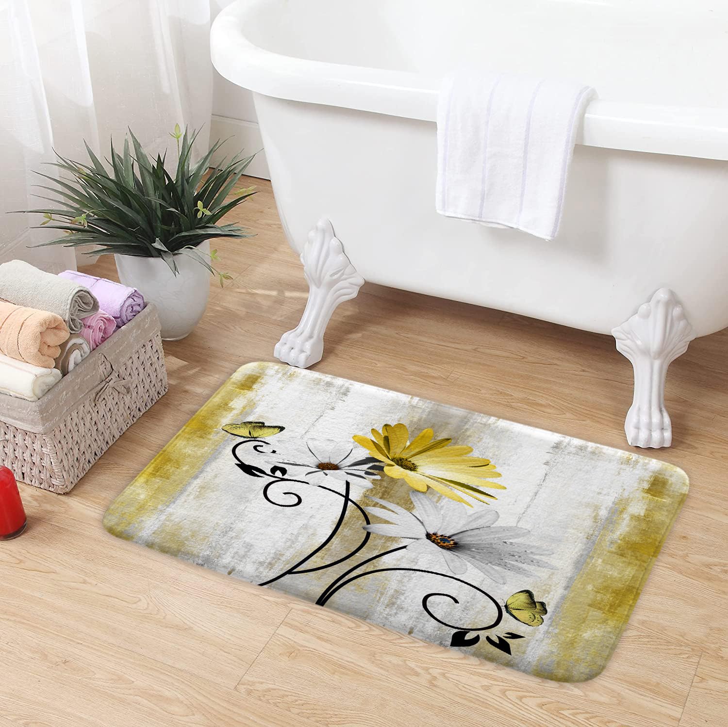 Veivian Rustic Farmhouse Bath Mat, Farm Yellow Daisy Floral Flowers Butterfly Country Wooden Bath Rug For Bathroom, Grey White B