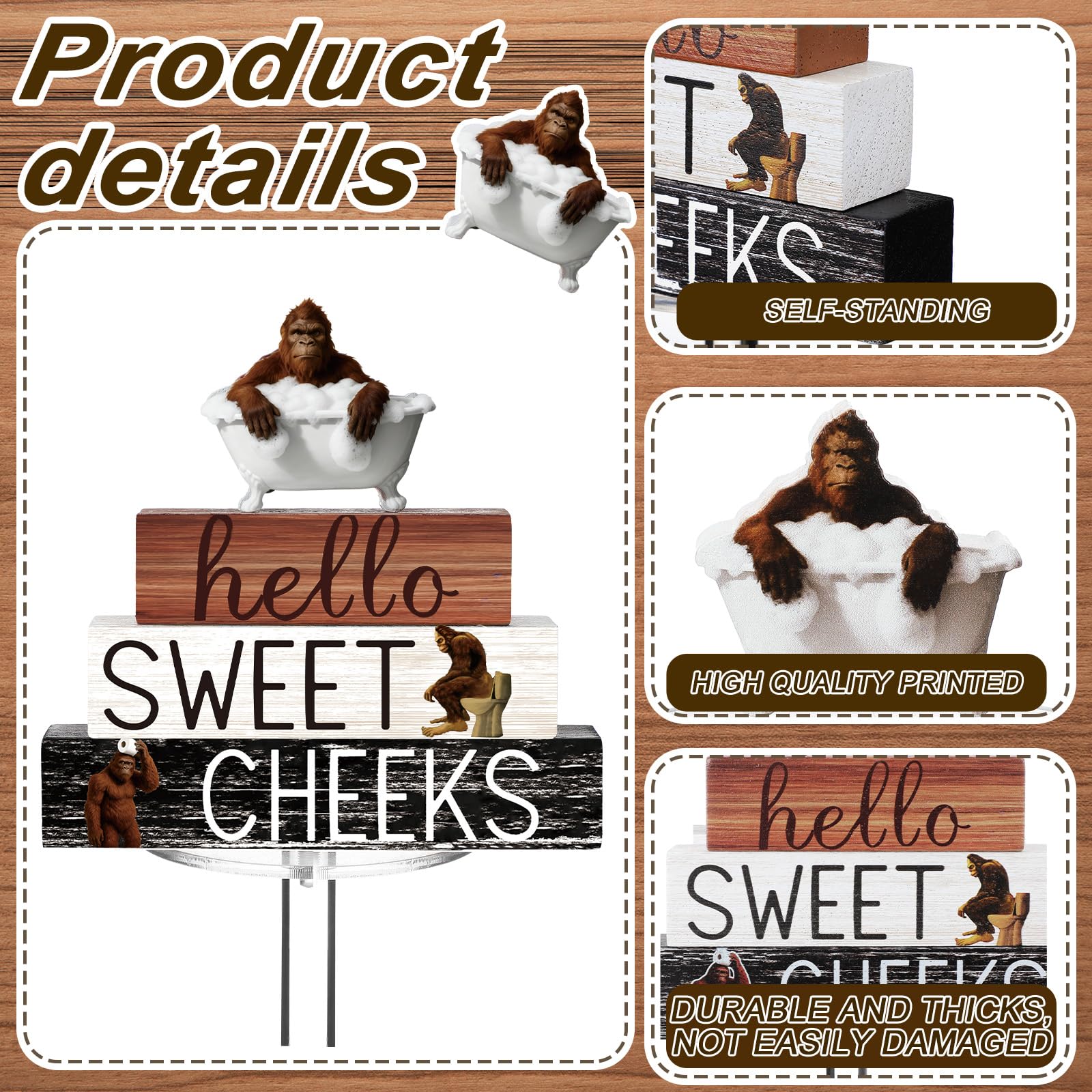 Cinnvoice 4 Pcs Funny Bigfoot Bathroom Decor Farmhouse Sasquatches Bathroom Decoration Western Hello Sweet Cheeks Table Centerpi