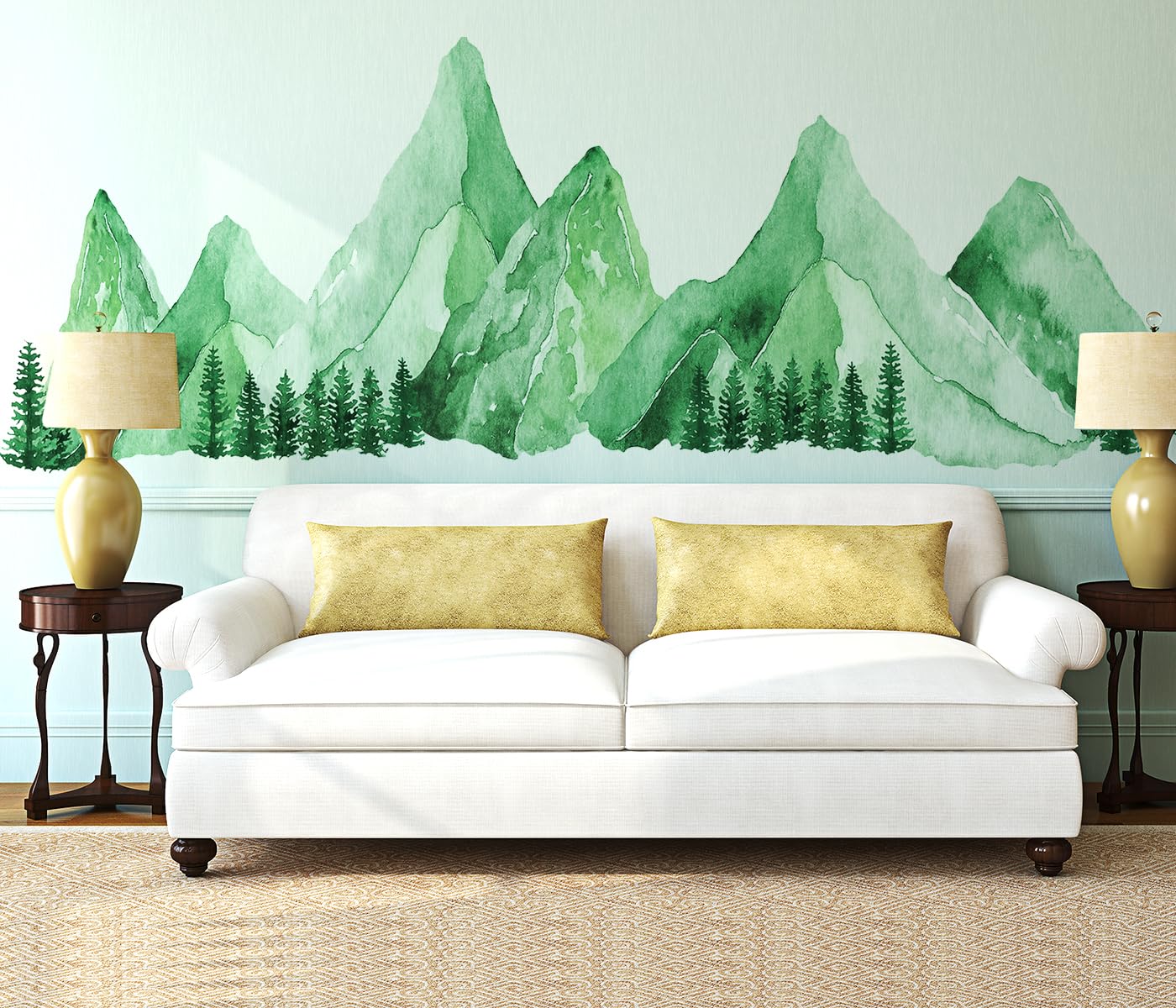 Large Mountain Wall Decals, Teal Green Pine Tree Peel And Stick Vinyl Wall Stickers & Murals, Removable Home Room Wall Decor For