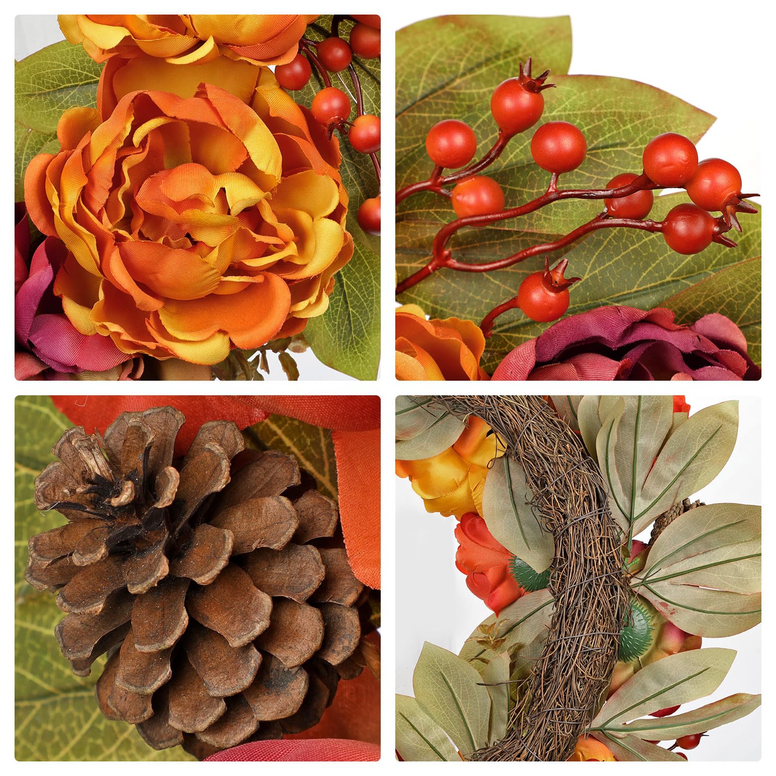 Fall Teardrop Swag with Peonies - 23.6 Inch Artificial Hanging Floral Wreath with Berries & Leaves for Thanksgiving Autumn Decor