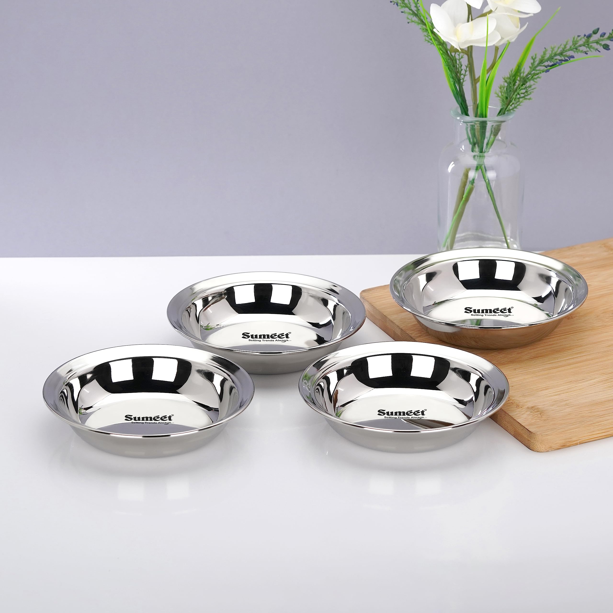 Sumeet Stainless Steel Heavy Gauge Multi Utility Serving Plates with Mirror Finish 12.5cm Dia  Set of 4pc, Silver