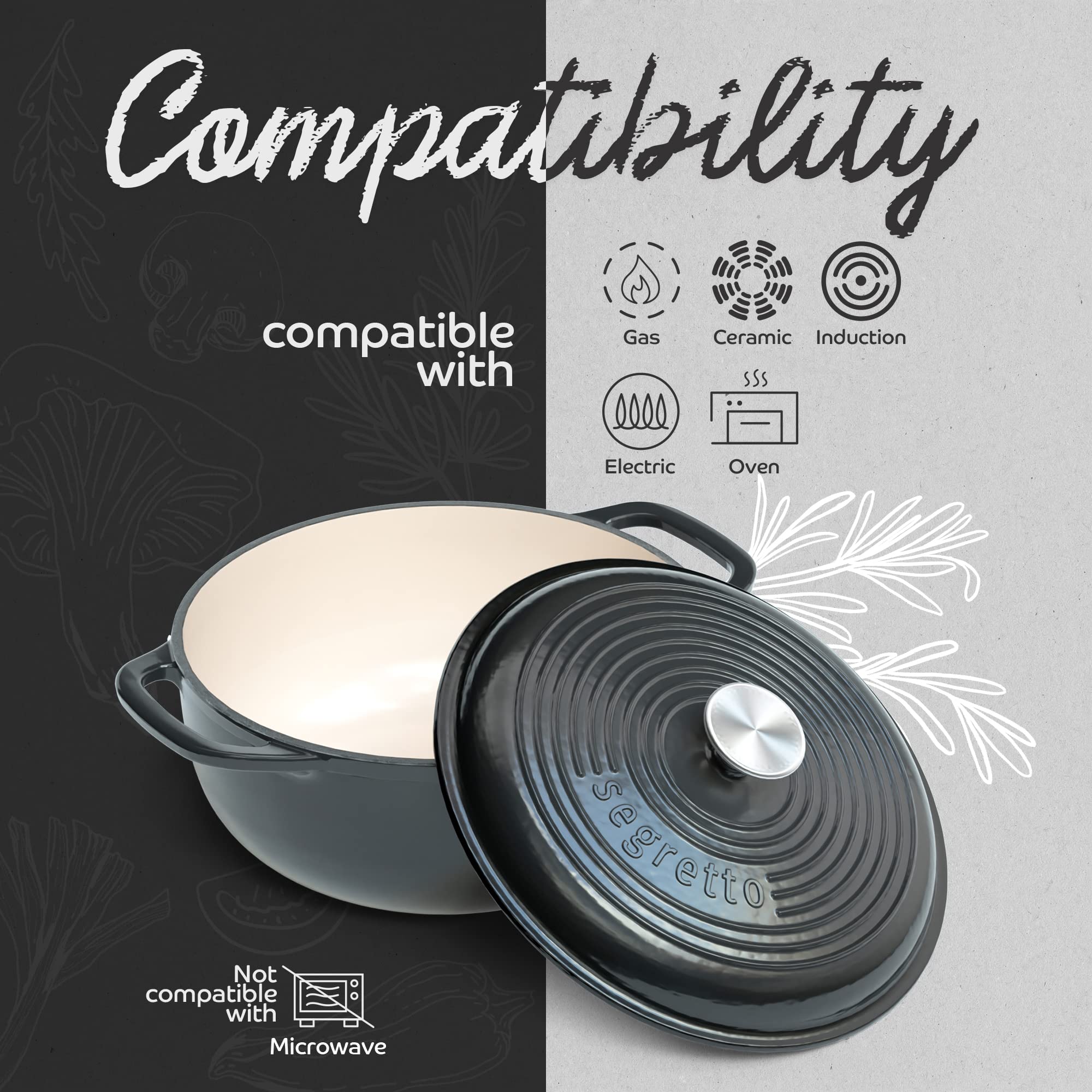 Segretto Cookware Enameled Cast Iron Dutch Oven With Handle, 6 Quarts, Nero (Black) Enameled Cast Iron Dutch Oven 6Qt | Dutch Ov