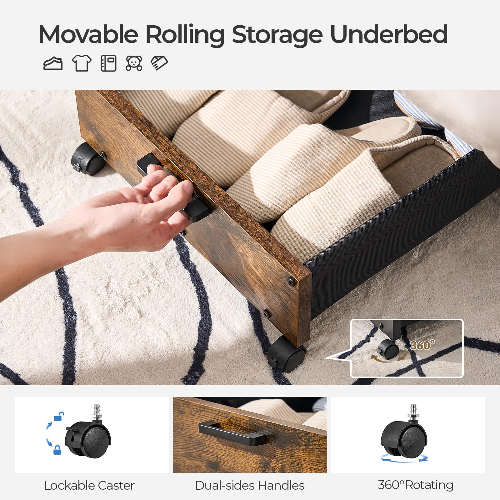 FOUCSSOMEI Under Bed Storage with Wheels, Longer Size 31.5'' in, under bed Storage Containers, Storage Box, Wooden Under Bed Dra