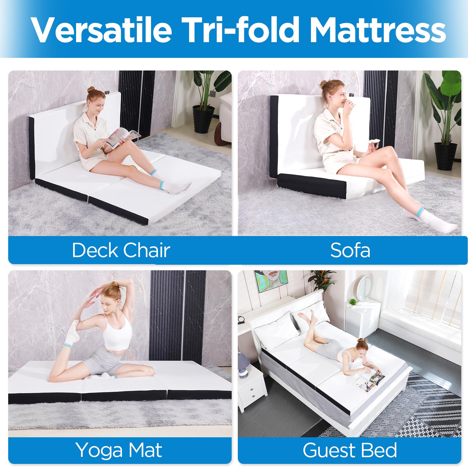 Folding Mattress, 6 Inch Cot Tri-Fold Memory Foam Mattress Topper With Washable Cover,Cooling Mattress Pad For College Dorm Sing
