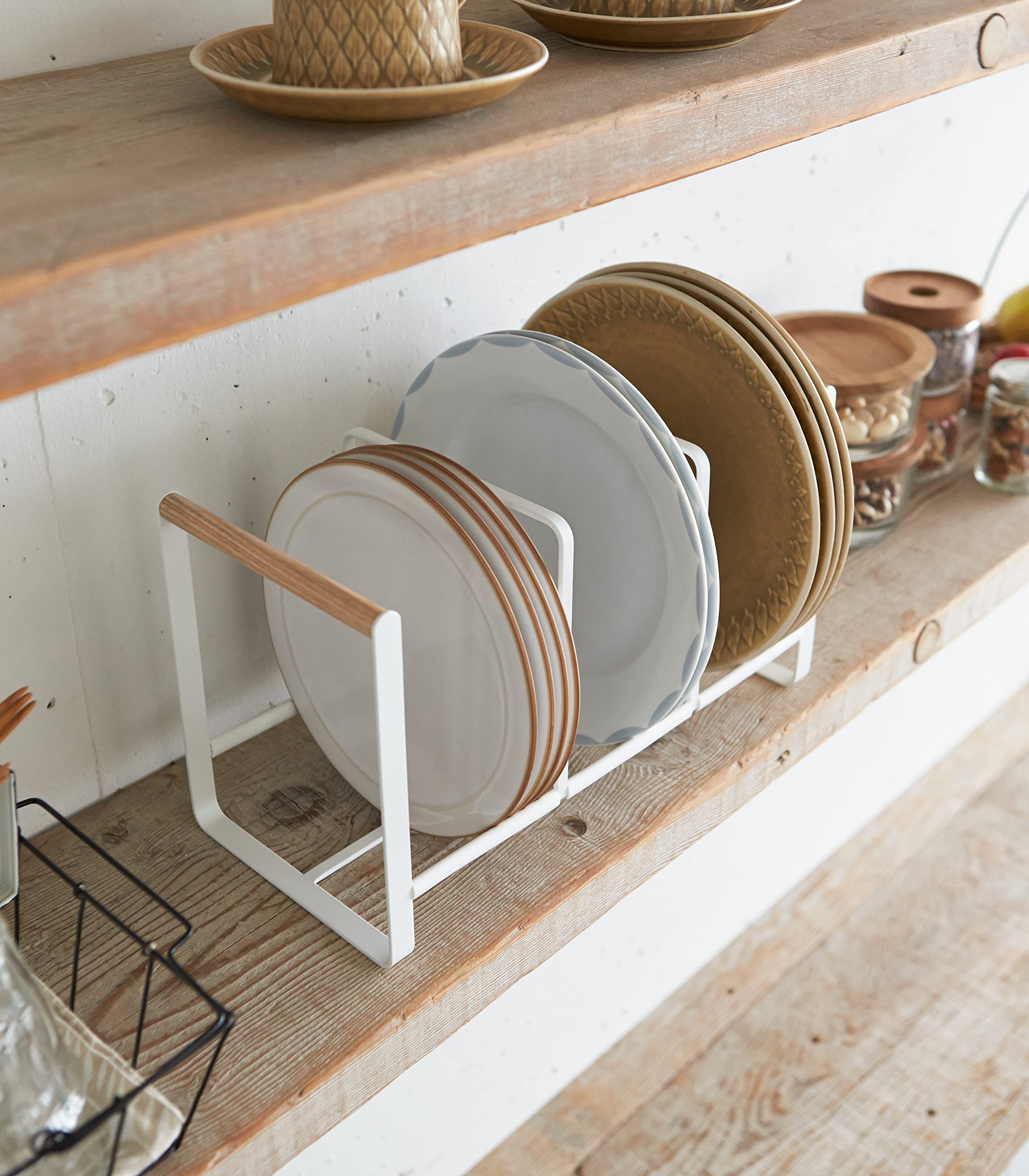 Yamazaki Home Plate Accented Storage Rack-Kitchen Holder Stand | Steel + Wood | Large | Dish Organizer, White