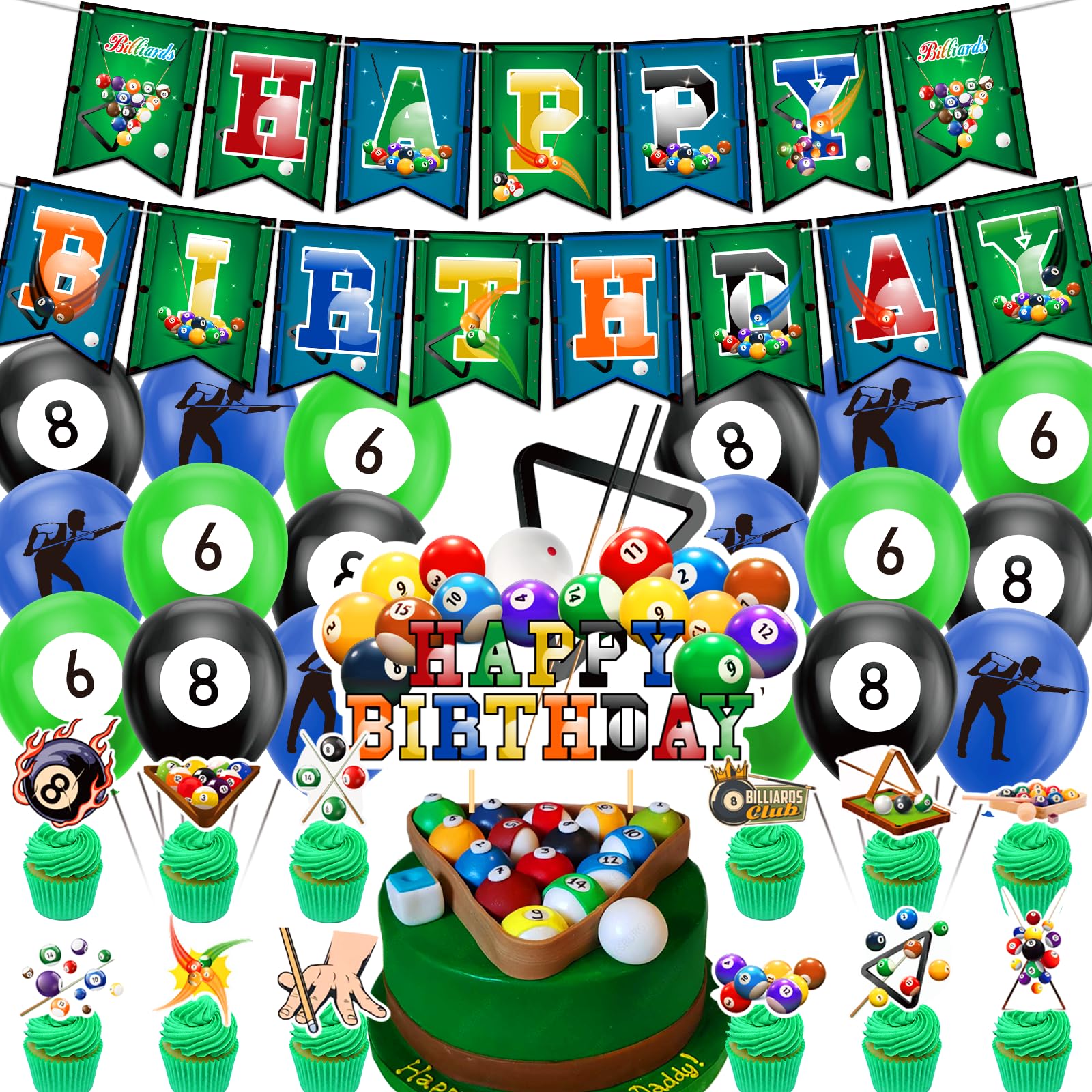 Billiards Party Decorations Billiards Birthday Party Supplies Includes Billiards Happy Birthday Banner, Cake Topper, Cupcake Top