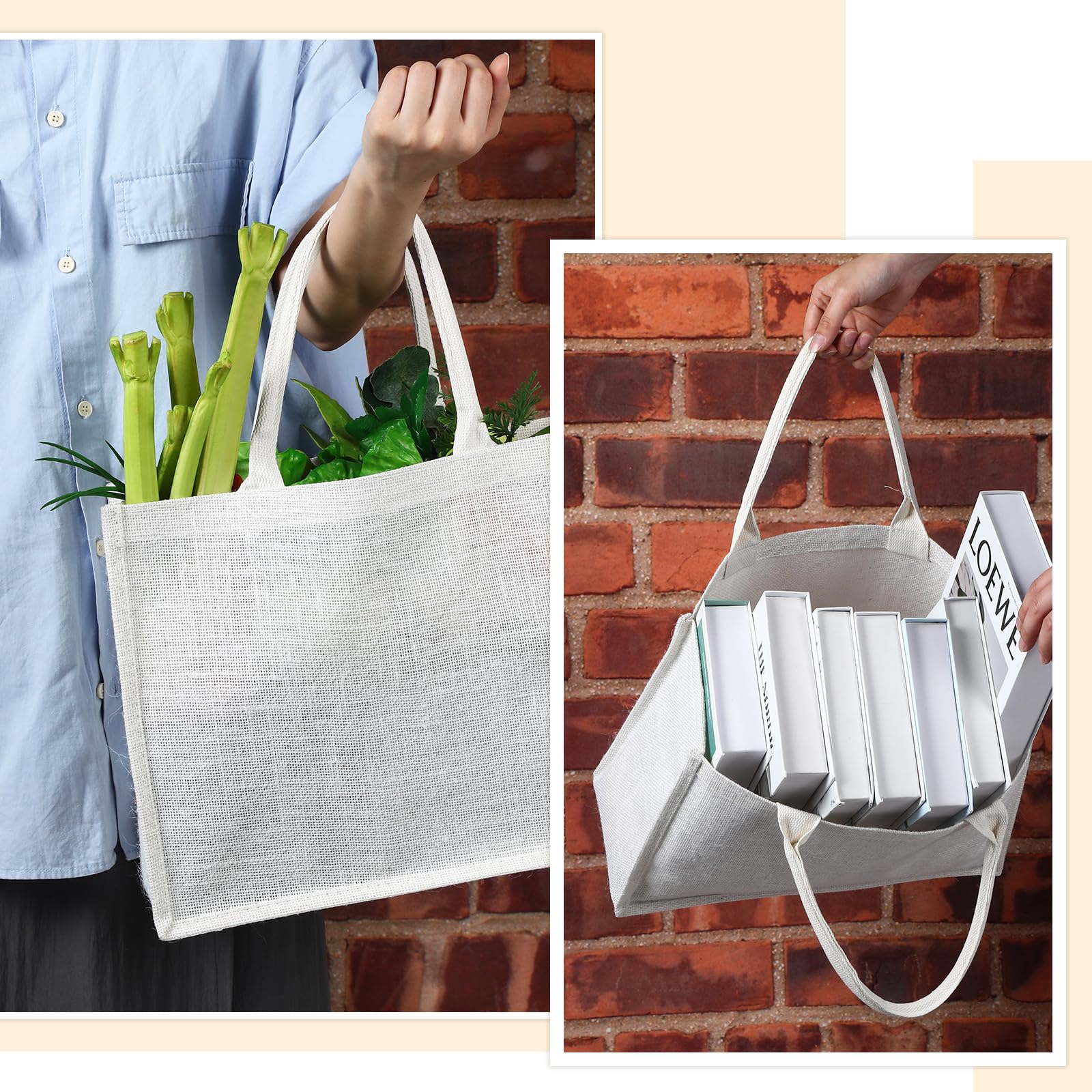 Shappy 10 Pack Burlap Tote Bag Set, Reusable Blank Jute Burlap Grocery Bag with Handle for Bridesmaid Gift Shopping DIY(White)