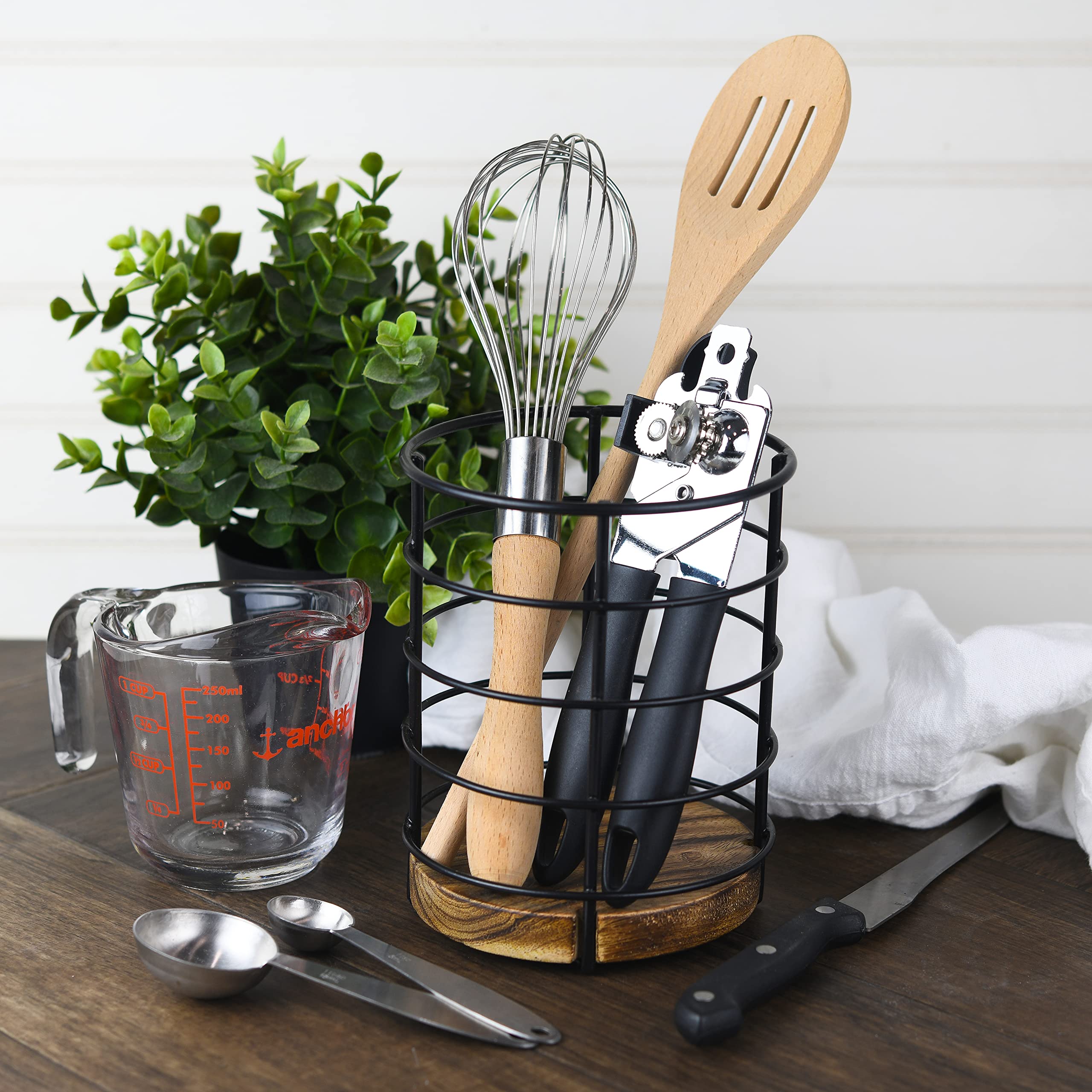 Tribello Modern Farmhouse Utensil Holder For Kitchen Counter Wooden And Wire Cooking Utensil Holder For Countertop Kitchen Decor