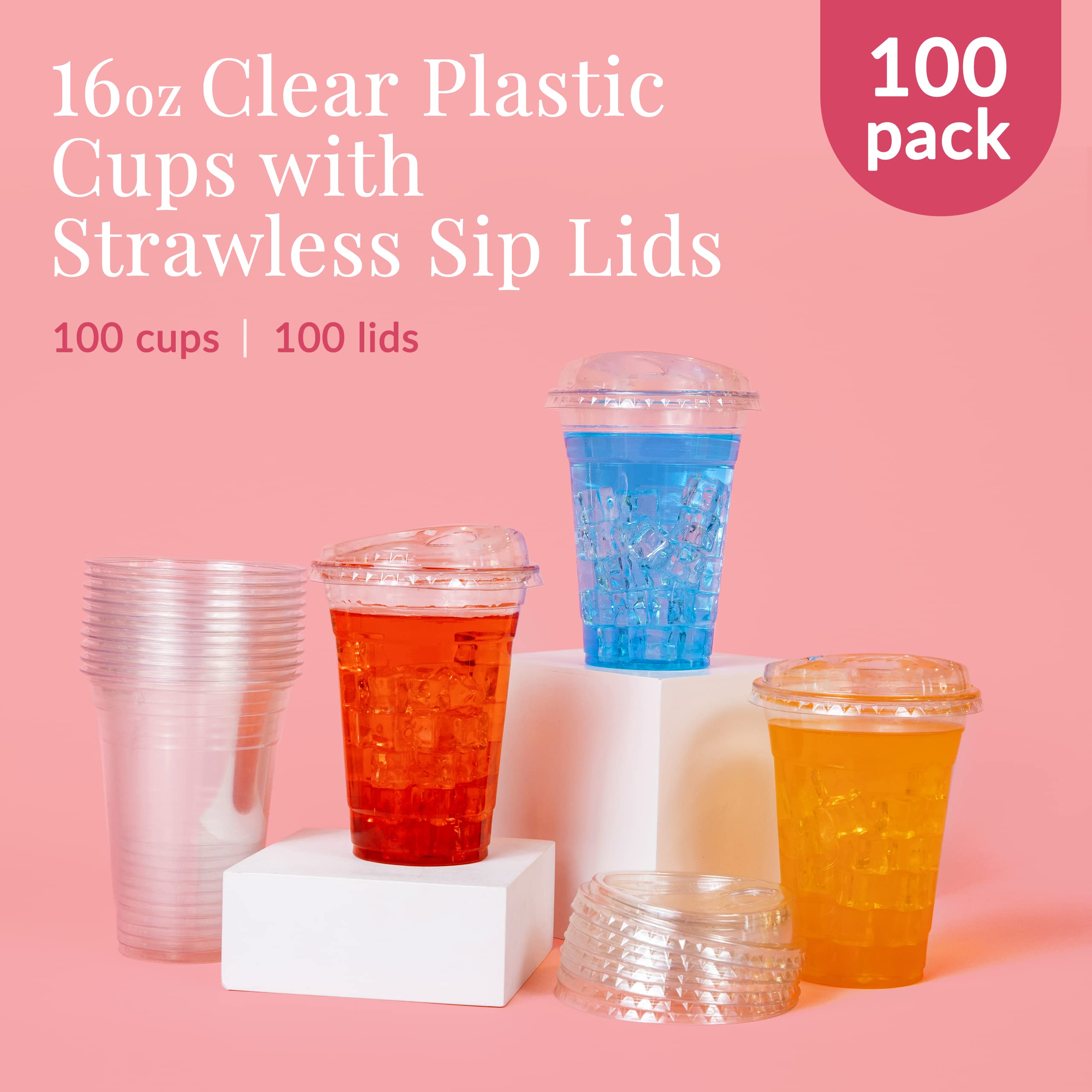 Prestee 100 Clear Disposable Iced Coffee Cups with Lids, 16oz - Plastic Cups with Strawless Sip Lids - Durable Cold Brew, Smooth
