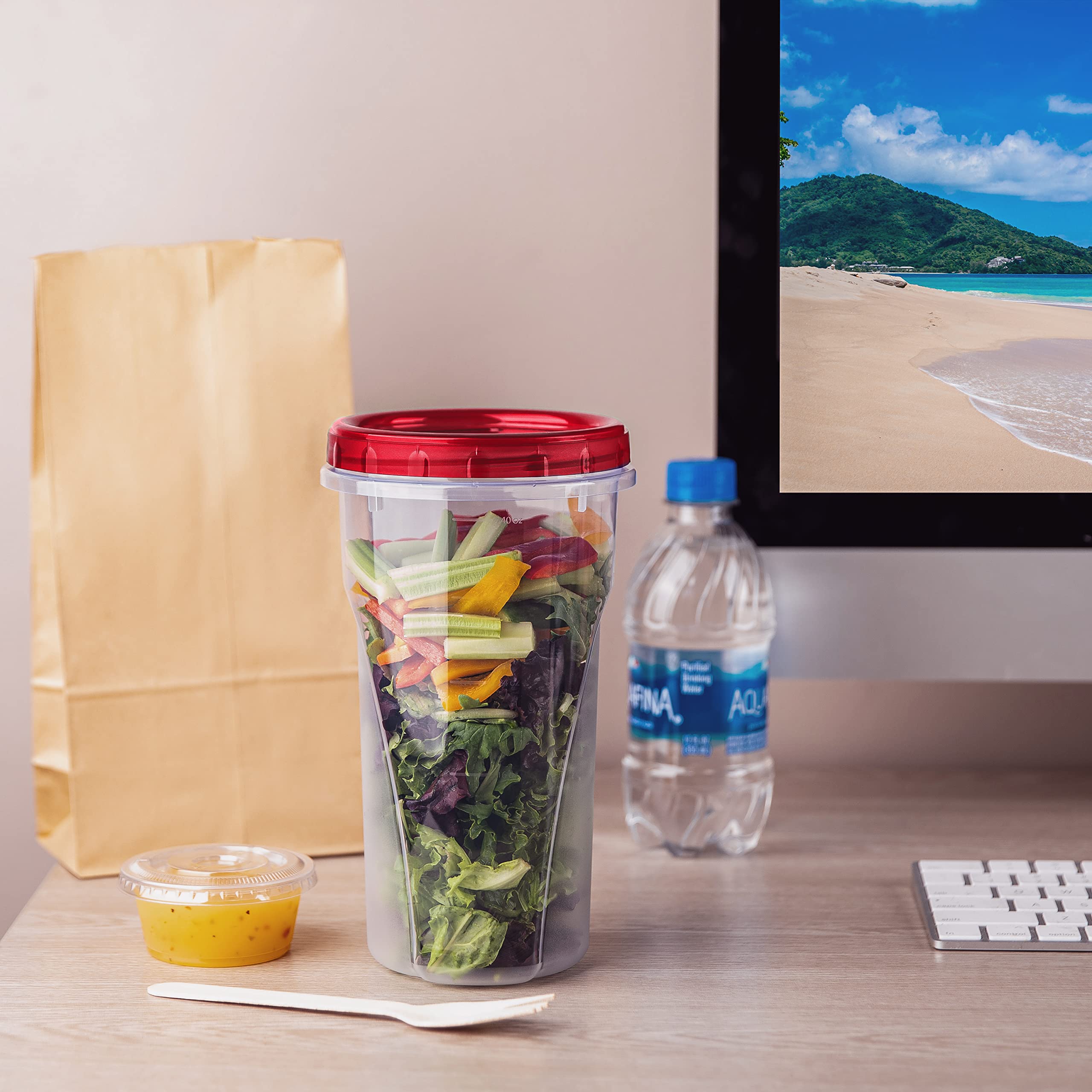 Plasticpro 48 Ounce Twist Top Deli Containers Clear Bottom With Red Top Twist On Lids Reusable, Stackable, Food Storage Freezer