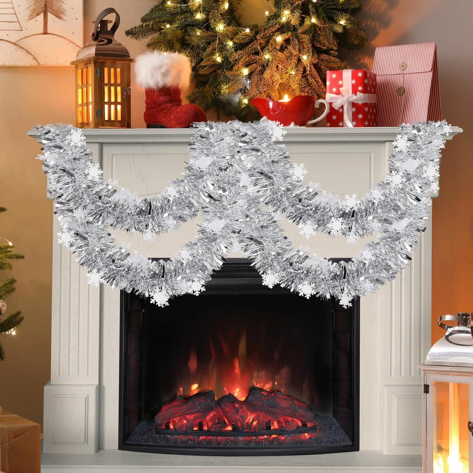 FOIMAS 33 Feet Christmas Tinsel Garland, Metallic Silver Christmas Snowflake Hanging Garland for Xmas Tree Fireplace Home Decora