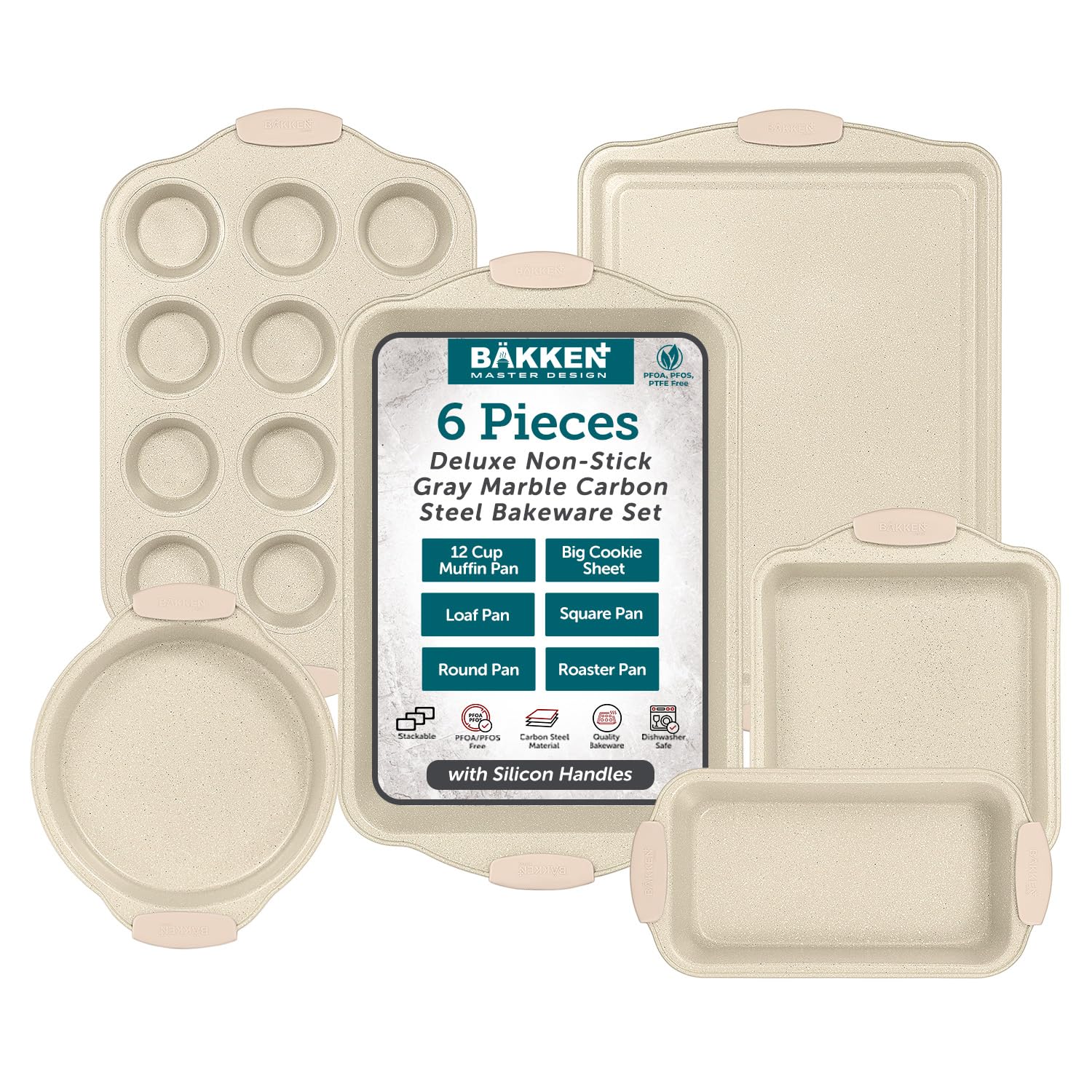 Bakkenmaster 6-Piece Deluxe Nonstick Baking Pan Set - Professional Grade Carbon Steel Bakeware With White Marble Coating & Silic