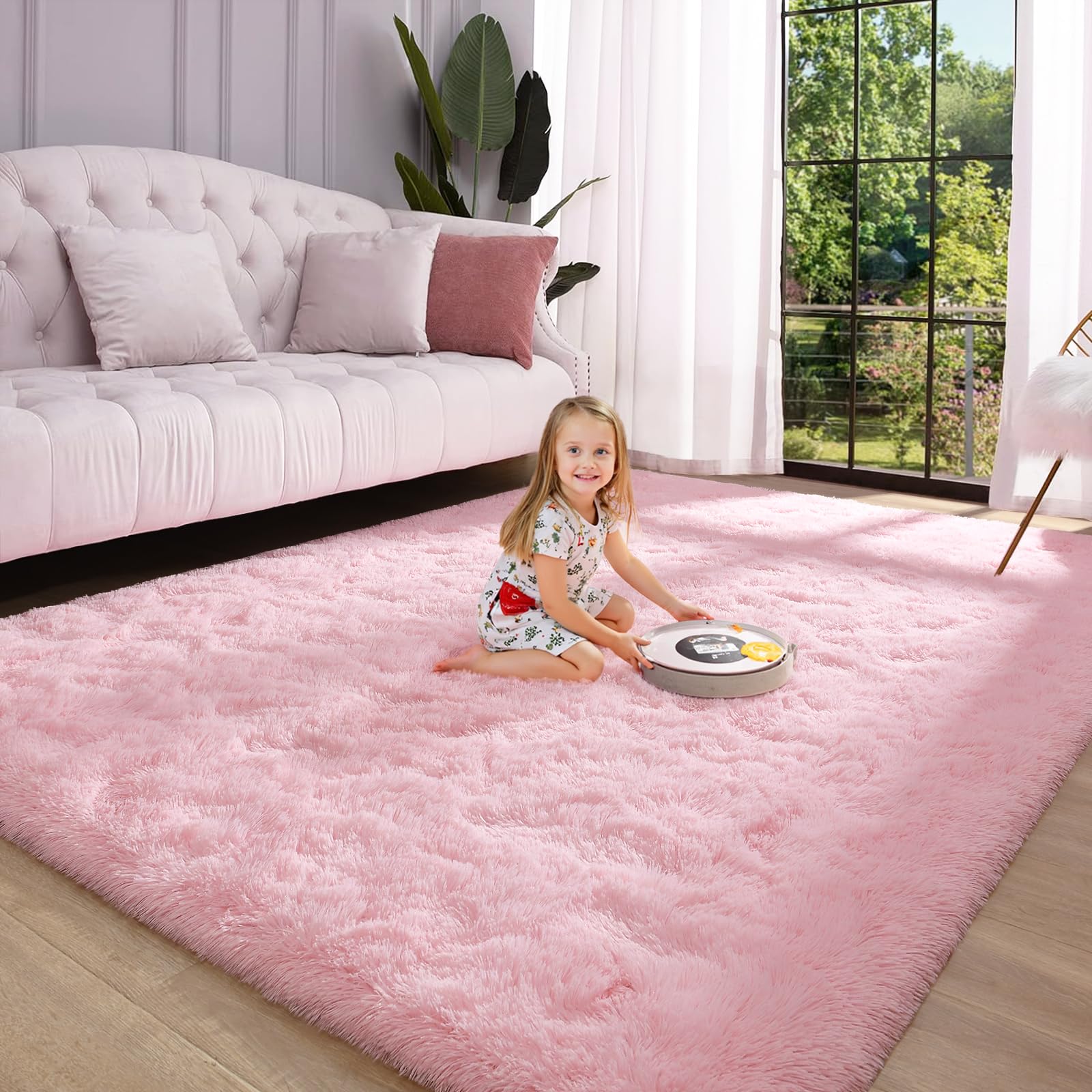 Keeko Fluffy Bedroom Rug, 3x5 Washable Pink Area Rug Shag Fuzzy Faux Fur Rug Modern Rugs for Bedroom Entryway Shaggy Non Sheddin