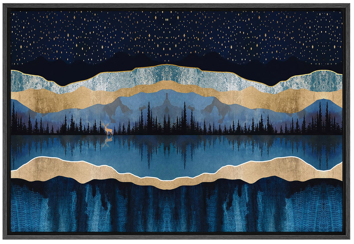 Signford Framed Canvas Print Wall Art Woodland Nursery Decor Blue Marble Mountains & Forest Reflection Abstract Wilderness Moder